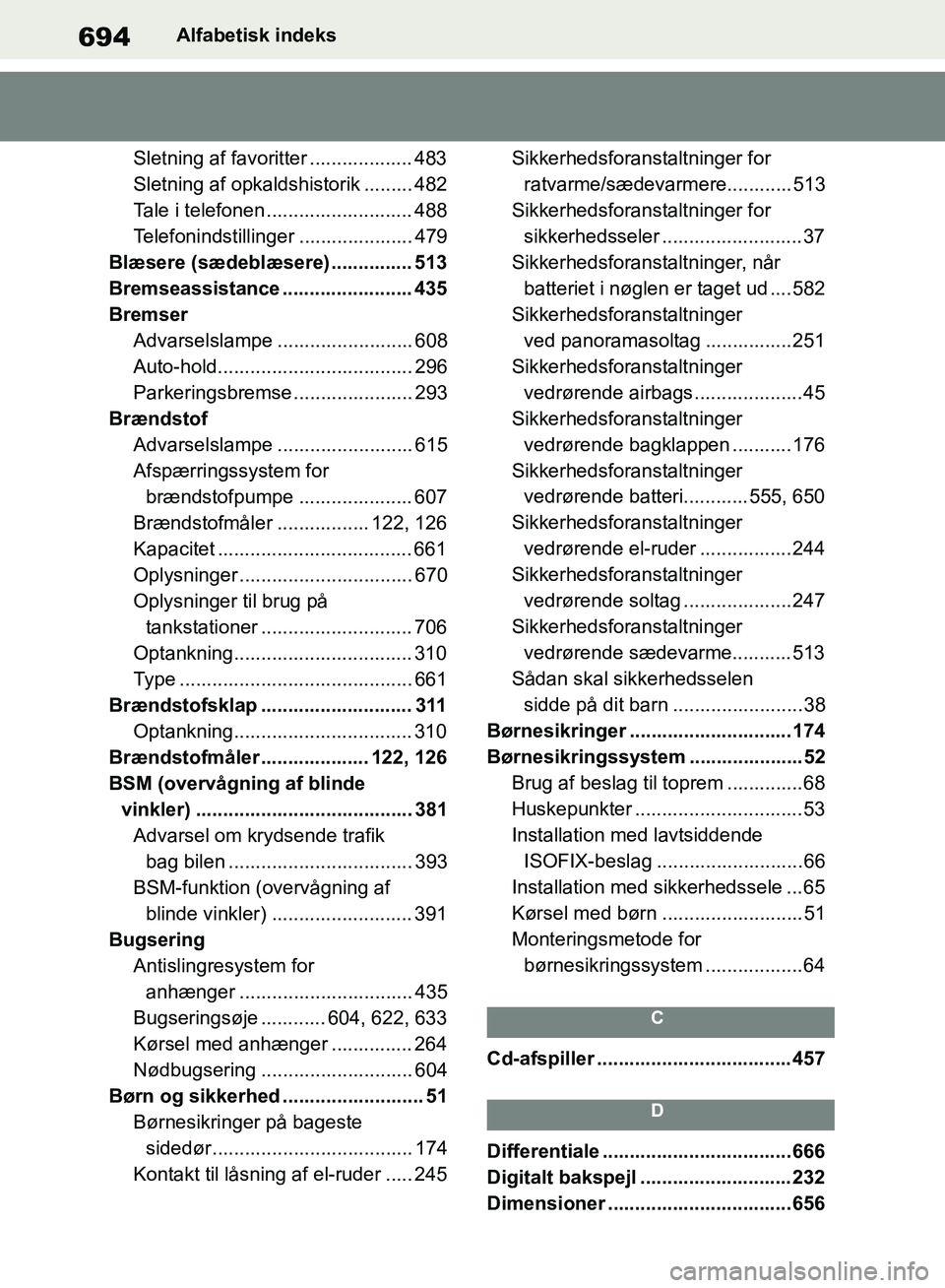 TOYOTA RAV4 2018 Brugsanvisning (in Danish) 694Alfabetisk indeks
Sletning af favoritter ................... 483
Sletning af opkaldshistorik ......... 482
Tale i telefonen ........................... 488
Telefonindstillinger .................... TOYOTA RAV4 2018 Brugsanvisning (in Danish) 694Alfabetisk indeks
Sletning af favoritter ................... 483
Sletning af opkaldshistorik ......... 482
Tale i telefonen ........................... 488
Telefonindstillinger ....................