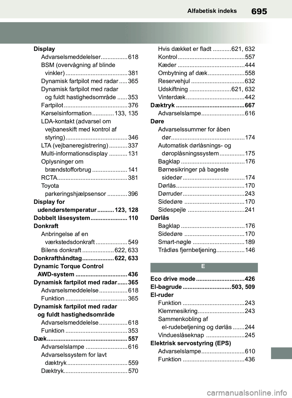 TOYOTA RAV4 2018 Brugsanvisning (in Danish) 695Alfabetisk indeks
DisplayAdvarselsmeddelelser................ 618
BSM (overvågning af blinde vinkler) ..................................... 381
Dynamisk fartpilot med radar ..... 365
Dynamisk fart TOYOTA RAV4 2018 Brugsanvisning (in Danish) 695Alfabetisk indeks
DisplayAdvarselsmeddelelser................ 618
BSM (overvågning af blinde vinkler) ..................................... 381
Dynamisk fartpilot med radar ..... 365
Dynamisk fart