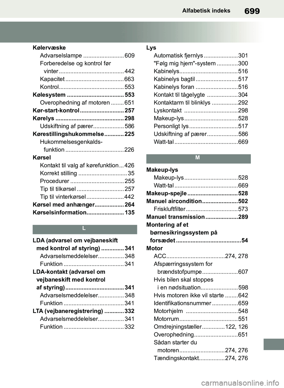TOYOTA RAV4 2018 Brugsanvisning (in Danish) 699Alfabetisk indeks
KølervæskeAdvarselslampe ......................... 609
Forberedelse og kontrol før vinter ........................................ 442
Kapacitet ............................... TOYOTA RAV4 2018 Brugsanvisning (in Danish) 699Alfabetisk indeks
KølervæskeAdvarselslampe ......................... 609
Forberedelse og kontrol før vinter ........................................ 442
Kapacitet ...............................