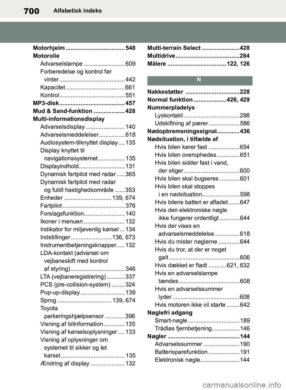 TOYOTA RAV4 2018 Brugsanvisning (in Danish) 700Alfabetisk indeks
Motorhjelm .................................... 548
Motorolie Advarselslampe ......................... 609
Forberedelse og kontrol før vinter .................................... TOYOTA RAV4 2018 Brugsanvisning (in Danish) 700Alfabetisk indeks
Motorhjelm .................................... 548
Motorolie Advarselslampe ......................... 609
Forberedelse og kontrol før vinter ....................................