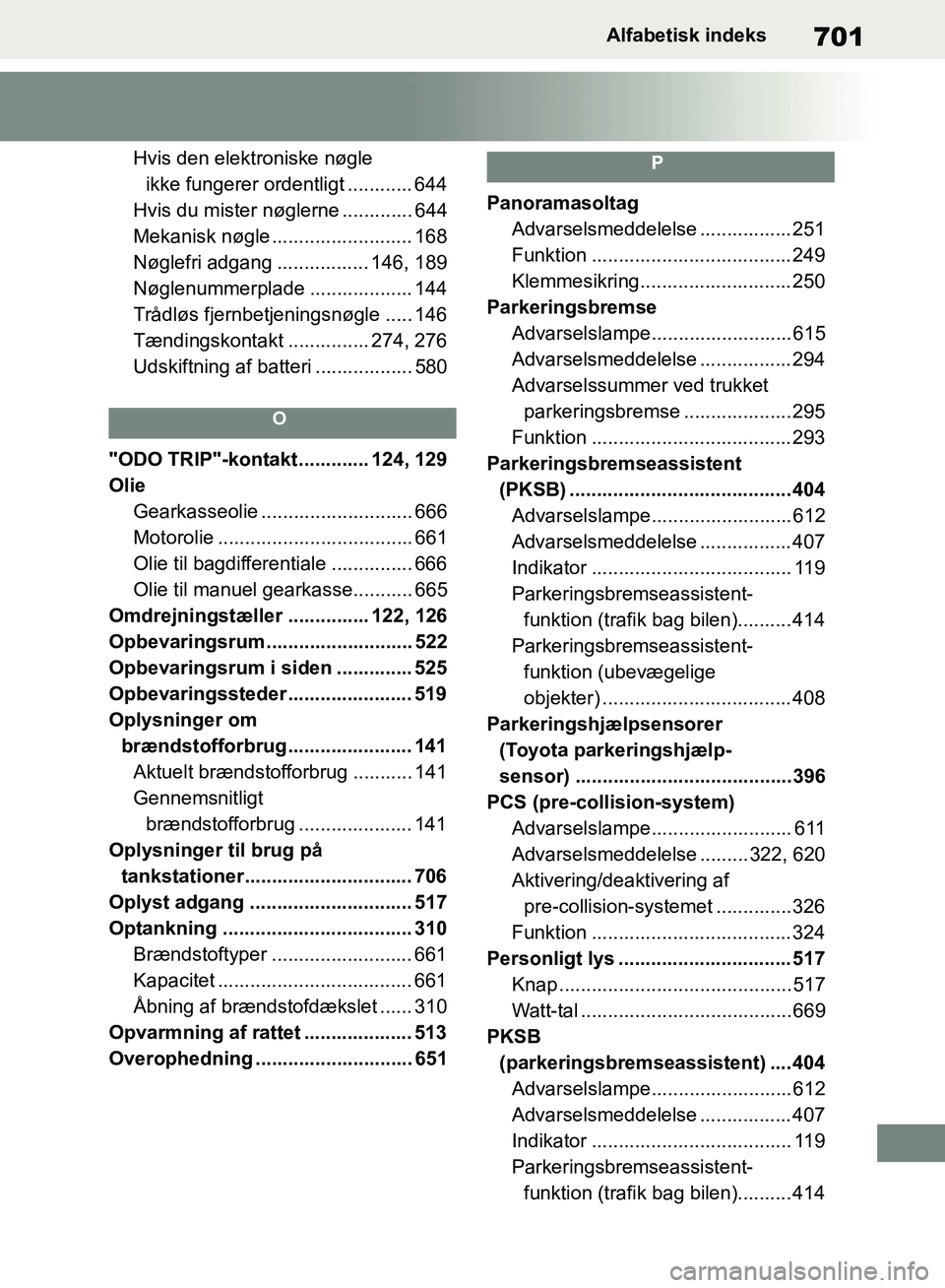 TOYOTA RAV4 2018 Brugsanvisning (in Danish) 701Alfabetisk indeks
Hvis den elektroniske nøgle ikke fungerer ordentligt ............ 644
Hvis du mister nøglerne ............. 644
Mekanisk nøgle .......................... 168
Nøglefri adgang . TOYOTA RAV4 2018 Brugsanvisning (in Danish) 701Alfabetisk indeks
Hvis den elektroniske nøgle ikke fungerer ordentligt ............ 644
Hvis du mister nøglerne ............. 644
Mekanisk nøgle .......................... 168
Nøglefri adgang .