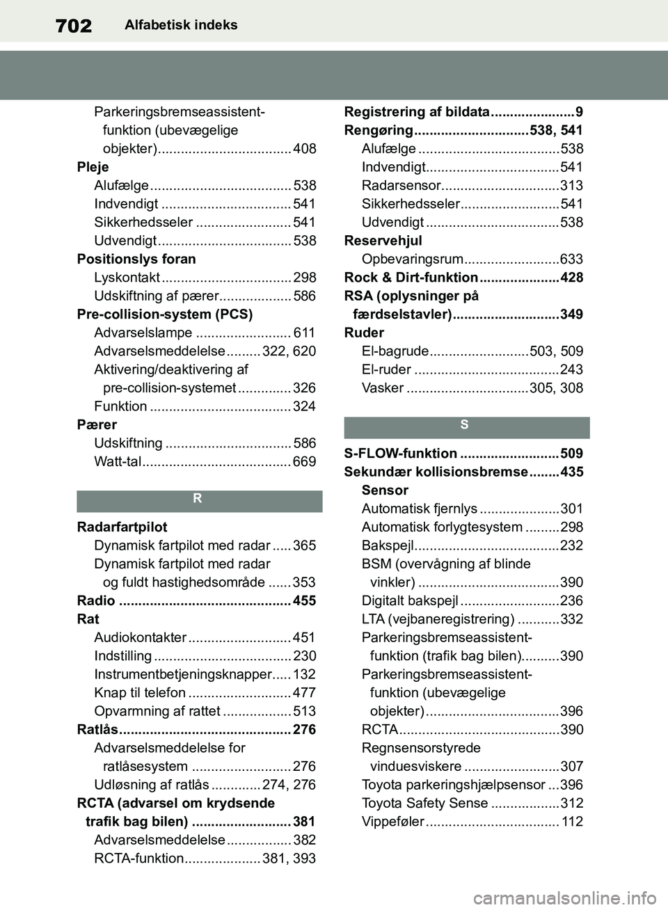 TOYOTA RAV4 2018 Brugsanvisning (in Danish) 702Alfabetisk indeks
Parkeringsbremseassistent- funktion (ubevægelige
objekter)................................... 408
Pleje Alufælge ..................................... 538
Indvendigt ....... .. TOYOTA RAV4 2018 Brugsanvisning (in Danish) 702Alfabetisk indeks
Parkeringsbremseassistent- funktion (ubevægelige
objekter)................................... 408
Pleje Alufælge ..................................... 538
Indvendigt ....... ..