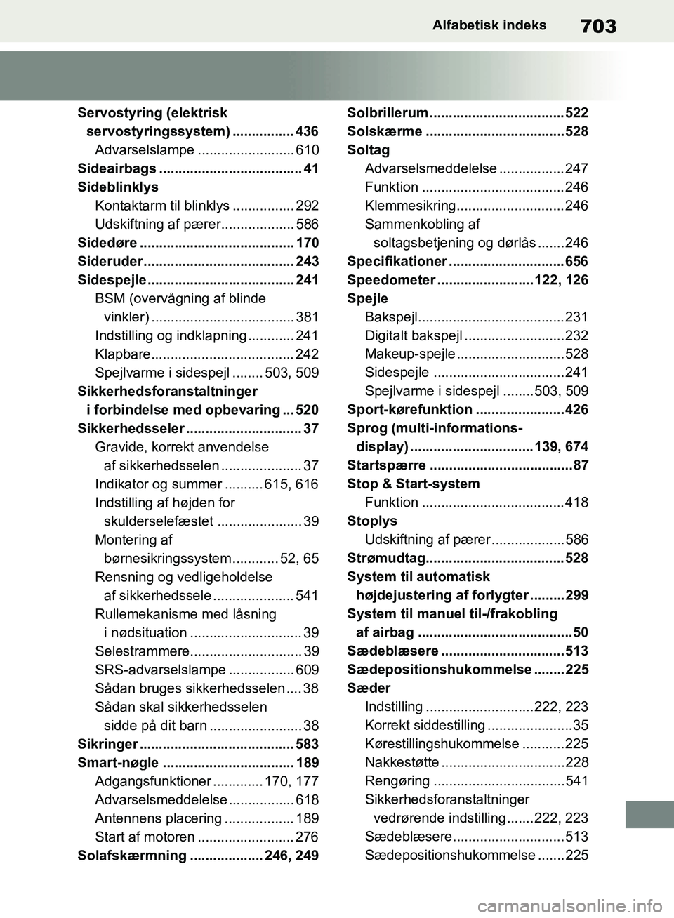 TOYOTA RAV4 2018 Brugsanvisning (in Danish) 703Alfabetisk indeks
Servostyring (elektrisk servostyringssystem) ................ 436Advarselslampe ......................... 610
Sideairbags ..................................... 41
Sideblinklys Kon TOYOTA RAV4 2018 Brugsanvisning (in Danish) 703Alfabetisk indeks
Servostyring (elektrisk servostyringssystem) ................ 436Advarselslampe ......................... 610
Sideairbags ..................................... 41
Sideblinklys Kon