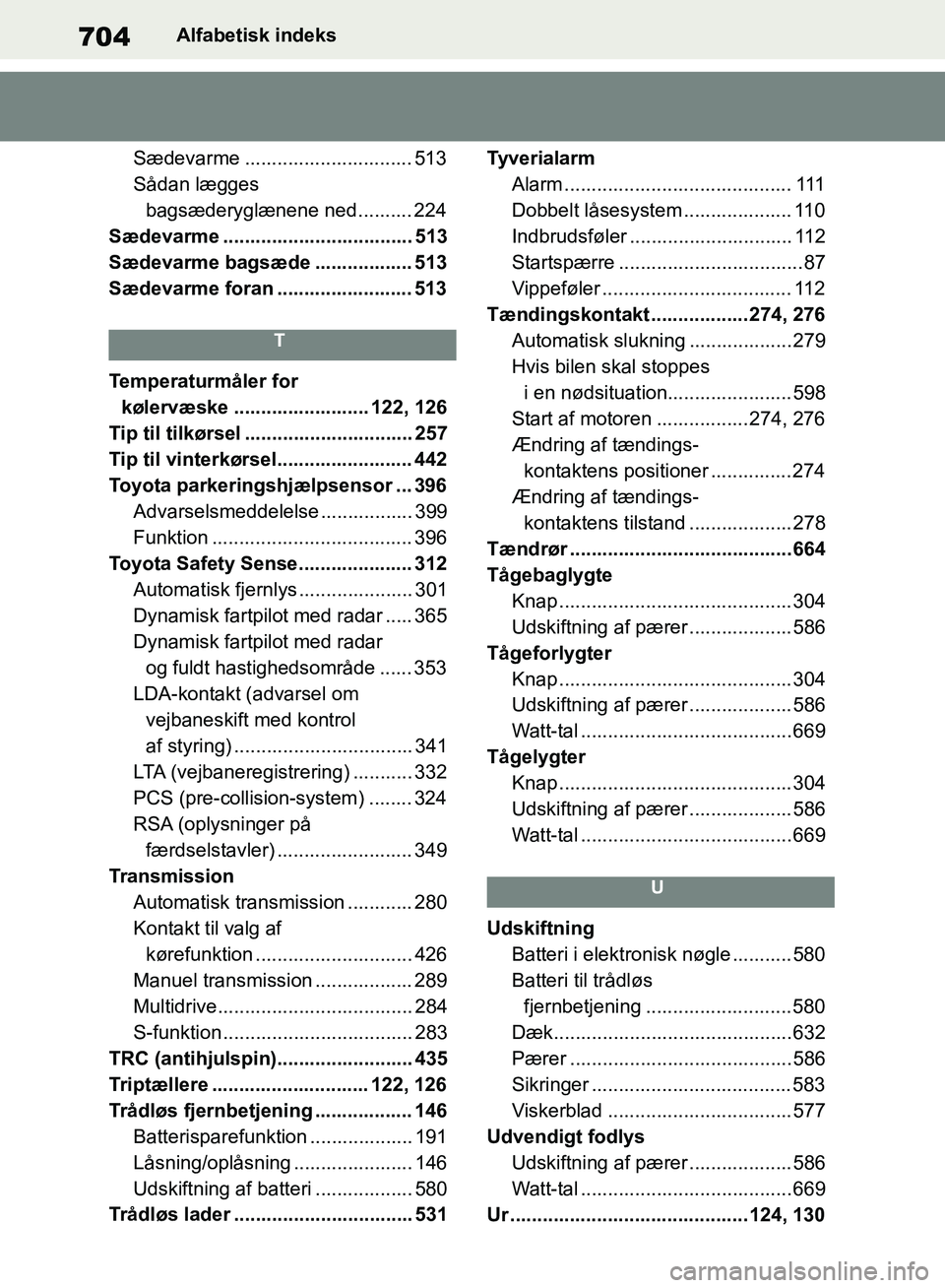 TOYOTA RAV4 2018 Brugsanvisning (in Danish) 704Alfabetisk indeks
Sædevarme ............................... 513
Sådan lægges bagsæderyglænene ned .......... 224
Sædevarme ................................... 513
Sædevarme bagsæde ....... TOYOTA RAV4 2018 Brugsanvisning (in Danish) 704Alfabetisk indeks
Sædevarme ............................... 513
Sådan lægges bagsæderyglænene ned .......... 224
Sædevarme ................................... 513
Sædevarme bagsæde .......