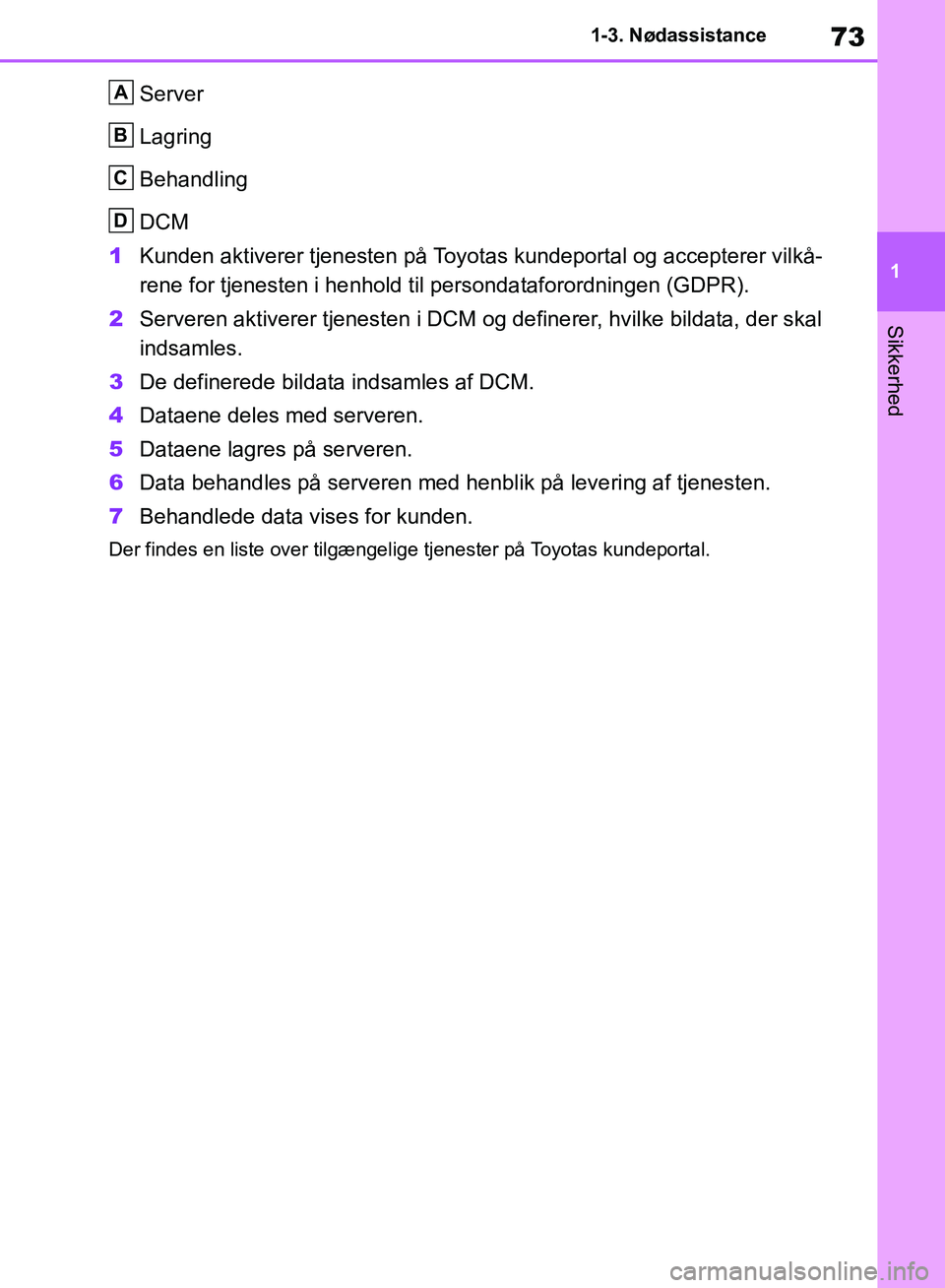 TOYOTA RAV4 2018 Brugsanvisning (in Danish) 73
1
1-3. Nødassistance
Sikkerhed
Server
Lagring
Behandling
DCM
1 Kunden aktiverer tjenesten på Toyotas kundeportal og accepterer vilkå-
rene for tjenesten i henhold t il persondataforordningen (GD TOYOTA RAV4 2018 Brugsanvisning (in Danish) 73
1
1-3. Nødassistance
Sikkerhed
Server
Lagring
Behandling
DCM
1 Kunden aktiverer tjenesten på Toyotas kundeportal og accepterer vilkå-
rene for tjenesten i henhold t il persondataforordningen (GD