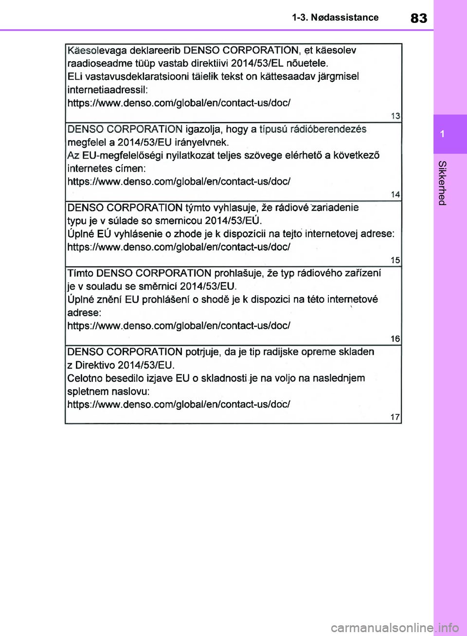 TOYOTA RAV4 2018  Brugsanvisning (in Danish) 83
1
1-3. Nødassistance
Sikkerhed
OM42B34DK.book  Page 83  Thursday, November 22, 2018  3:41 PM 
