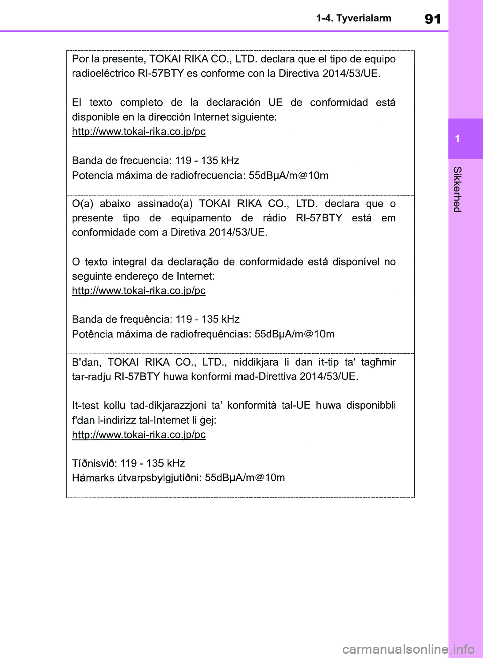 TOYOTA RAV4 2018 Brugsanvisning (in Danish) 91
1
1-4. Tyverialarm
Sikkerhed
OM42B34DK.book Page 91 Thursday, November 22, 2018 3:41 PM TOYOTA RAV4 2018 Brugsanvisning (in Danish) 91
1
1-4. Tyverialarm
Sikkerhed
OM42B34DK.book Page 91 Thursday, November 22, 2018 3:41 PM