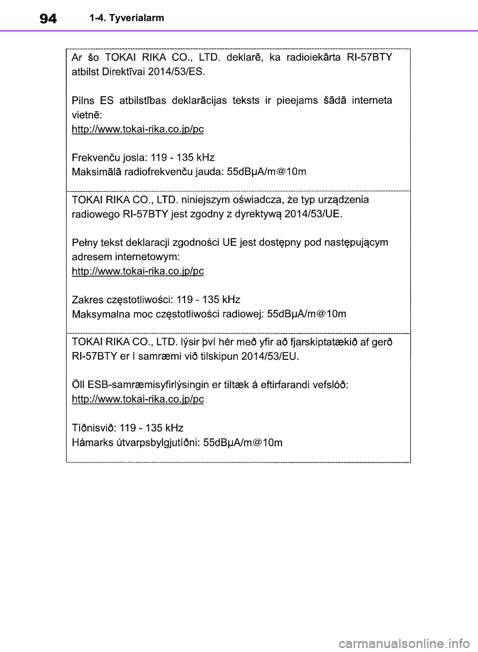 TOYOTA RAV4 2018 Brugsanvisning (in Danish) 941-4. Tyverialarm
OM42B34DK.book Page 94 Thursday, November 22, 2018 3:41 PM TOYOTA RAV4 2018 Brugsanvisning (in Danish) 941-4. Tyverialarm
OM42B34DK.book Page 94 Thursday, November 22, 2018 3:41 PM