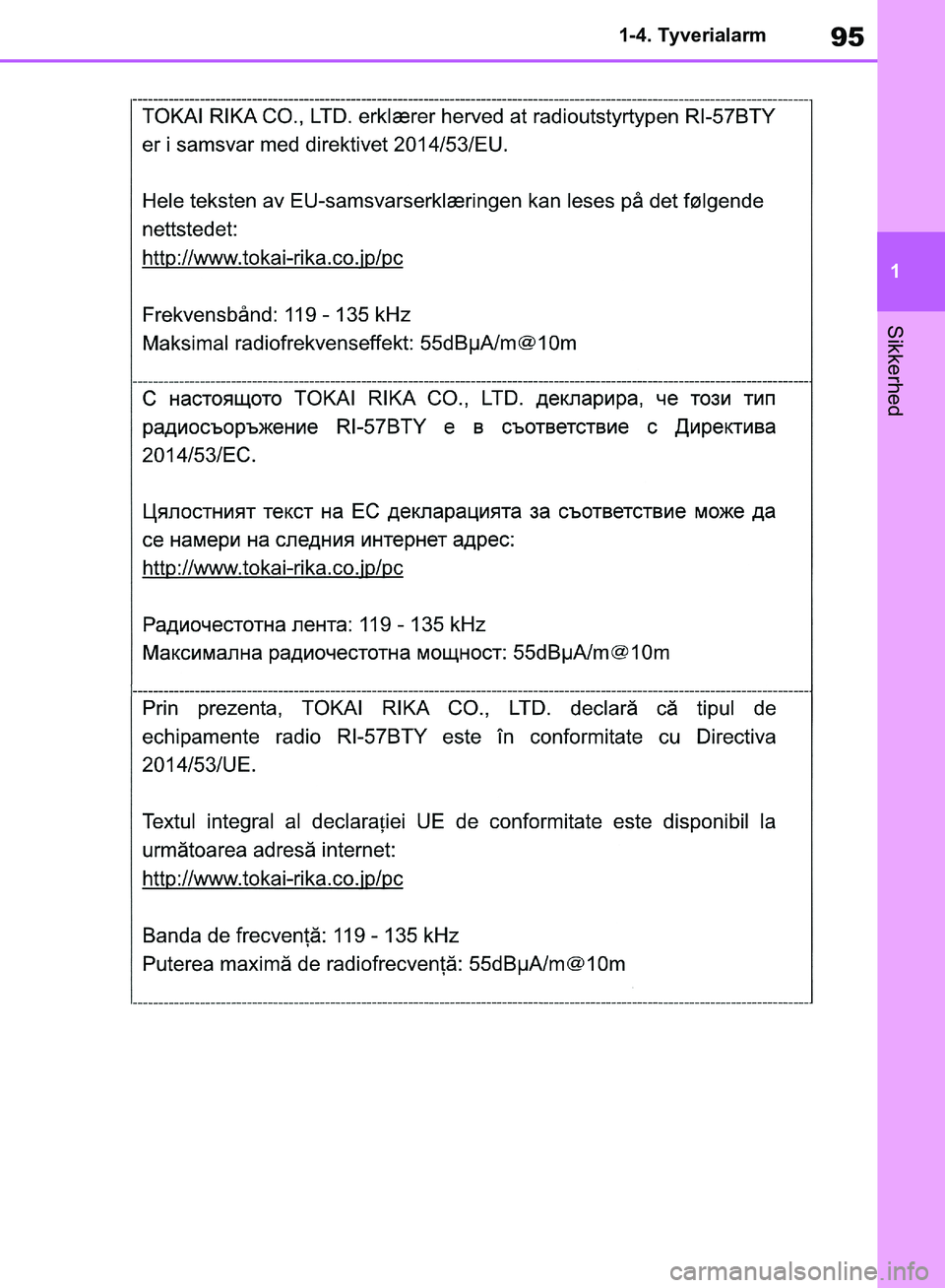 TOYOTA RAV4 2018 Brugsanvisning (in Danish) 95
1
1-4. Tyverialarm
Sikkerhed
OM42B34DK.book Page 95 Thursday, November 22, 2018 3:41 PM TOYOTA RAV4 2018 Brugsanvisning (in Danish) 95
1
1-4. Tyverialarm
Sikkerhed
OM42B34DK.book Page 95 Thursday, November 22, 2018 3:41 PM