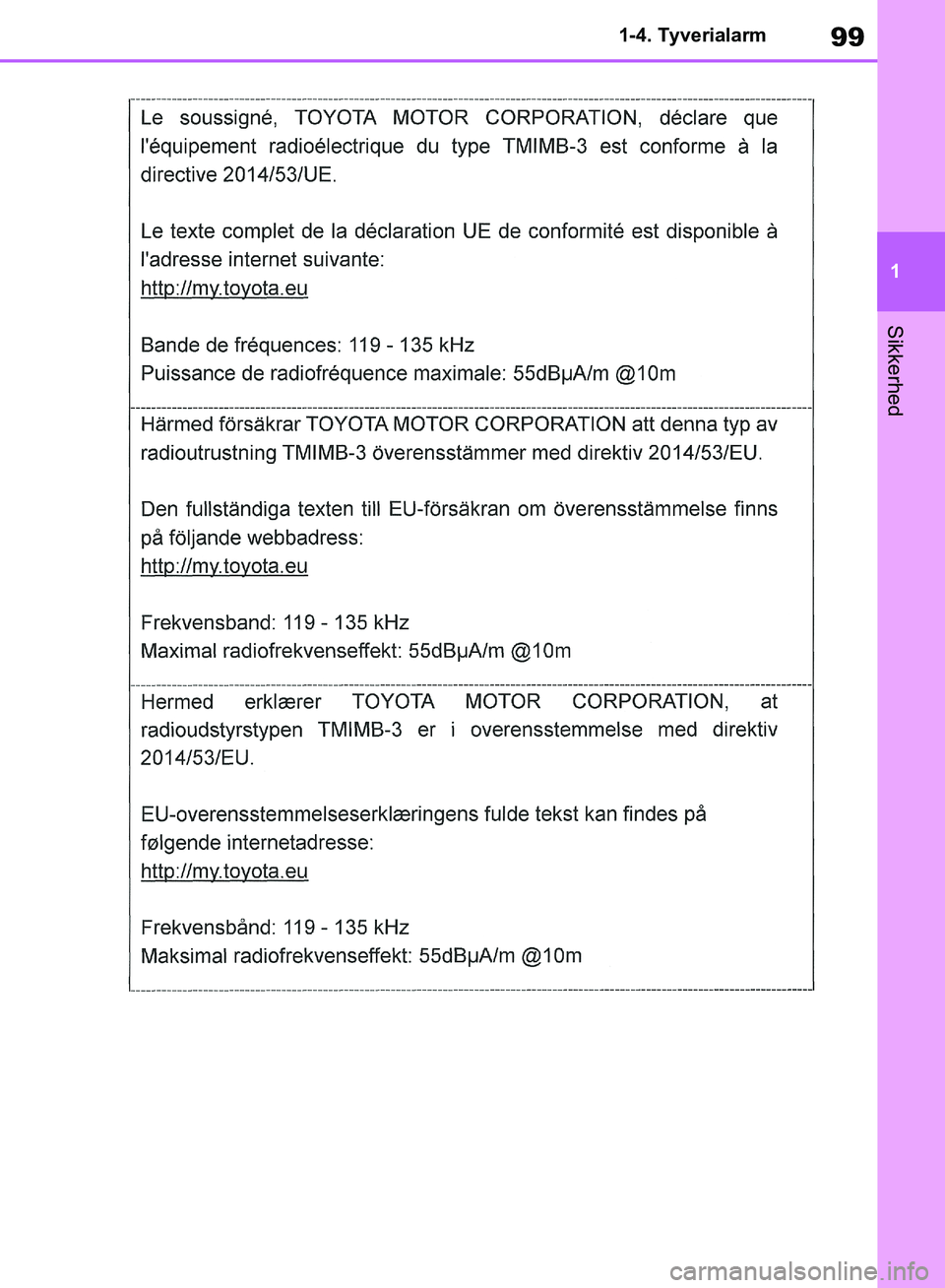TOYOTA RAV4 2018 Brugsanvisning (in Danish) 99
1
1-4. Tyverialarm
Sikkerhed
OM42B34DK.book Page 99 Thursday, November 22, 2018 3:41 PM TOYOTA RAV4 2018 Brugsanvisning (in Danish) 99
1
1-4. Tyverialarm
Sikkerhed
OM42B34DK.book Page 99 Thursday, November 22, 2018 3:41 PM