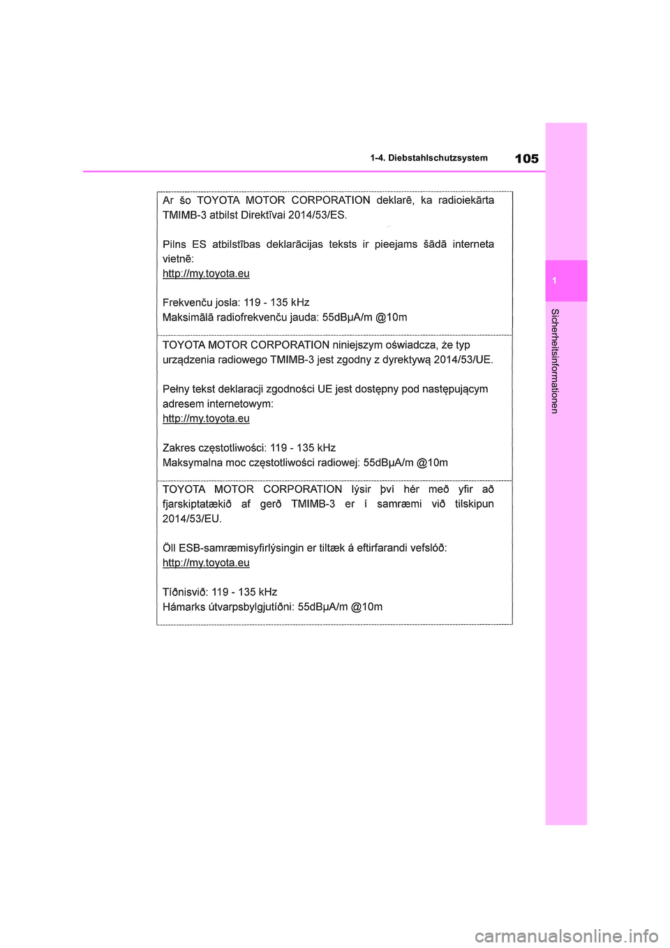 TOYOTA RAV4 2018 Betriebsanleitungen (in German) 105
1
1-4. Diebstahlschutzsystem
Sicherheitsinformationen TOYOTA RAV4 2018 Betriebsanleitungen (in German) 105
1
1-4. Diebstahlschutzsystem
Sicherheitsinformationen