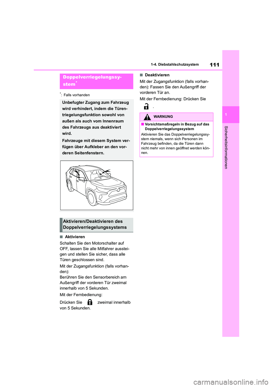 TOYOTA RAV4 2018 Betriebsanleitungen (in German) 111
1
1-4. Diebstahlschutzsystem
Sicherheitsinformationen
*: Falls vorhanden
■Aktivieren
Schalten Sie den Motorschalter auf
OFF, lassen Sie alle Mitfahrer ausstei-
gen und stellen Sie sicher, da TOYOTA RAV4 2018 Betriebsanleitungen (in German) 111
1
1-4. Diebstahlschutzsystem
Sicherheitsinformationen
*: Falls vorhanden
■Aktivieren
Schalten Sie den Motorschalter auf
OFF, lassen Sie alle Mitfahrer ausstei-
gen und stellen Sie sicher, da