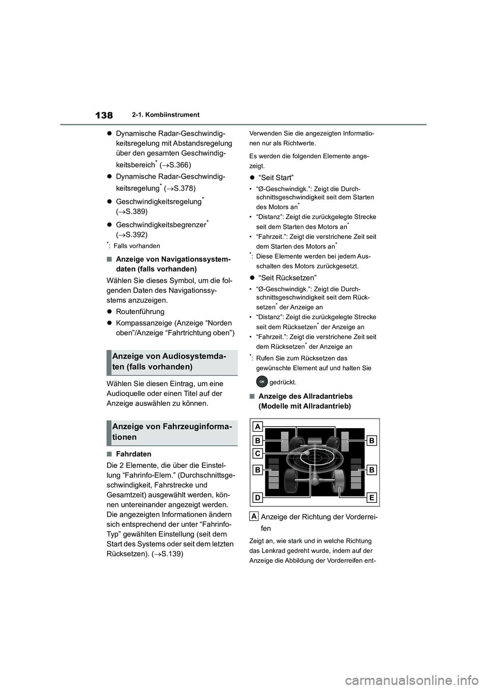 TOYOTA RAV4 2018 Betriebsanleitungen (in German) 1382-1. Kombiinstrument
Dynamische Radar-Geschwindig-
keitsregelung mit Abstandsregelung
über den gesamten Geschwindig-
keitsbereich
* (S.366)
Dynamische Radar-Geschwindig-
keitsregelung
* TOYOTA RAV4 2018 Betriebsanleitungen (in German) 1382-1. Kombiinstrument
Dynamische Radar-Geschwindig-
keitsregelung mit Abstandsregelung
über den gesamten Geschwindig-
keitsbereich
* (S.366)
Dynamische Radar-Geschwindig-
keitsregelung
*