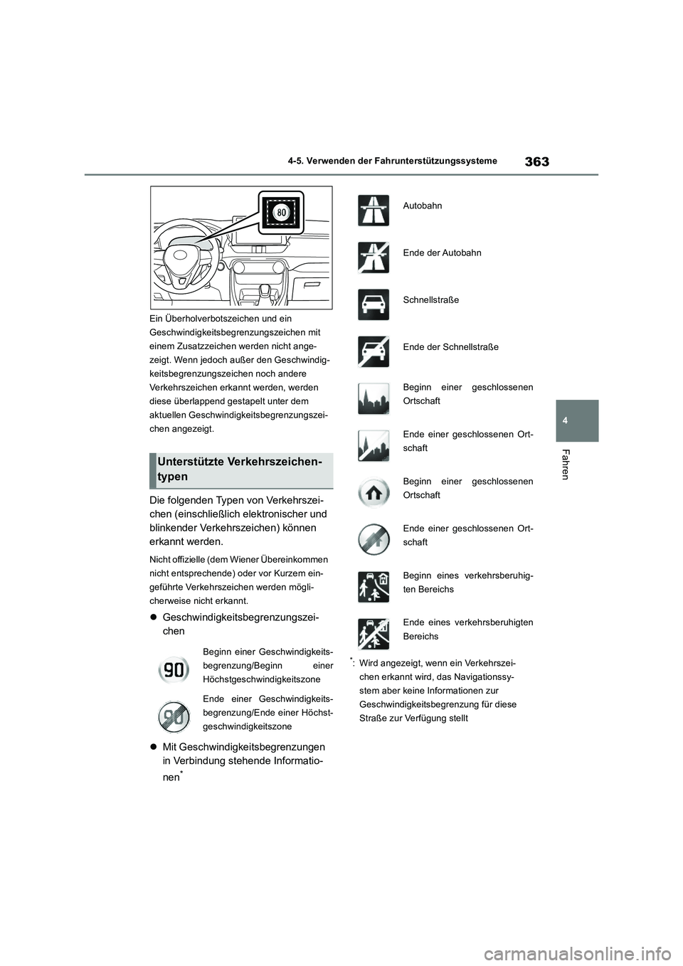 TOYOTA RAV4 2018  Betriebsanleitungen (in German) 363
4 4-5. Verwenden der Fahrunterstützungssysteme
Fahren
Ein Überholverbotszeichen und ein 
Geschwindigkeitsbegrenzungszeichen mit 
einem Zusatzzeichen werden nicht ange-
zeigt. Wenn jedoch außer 