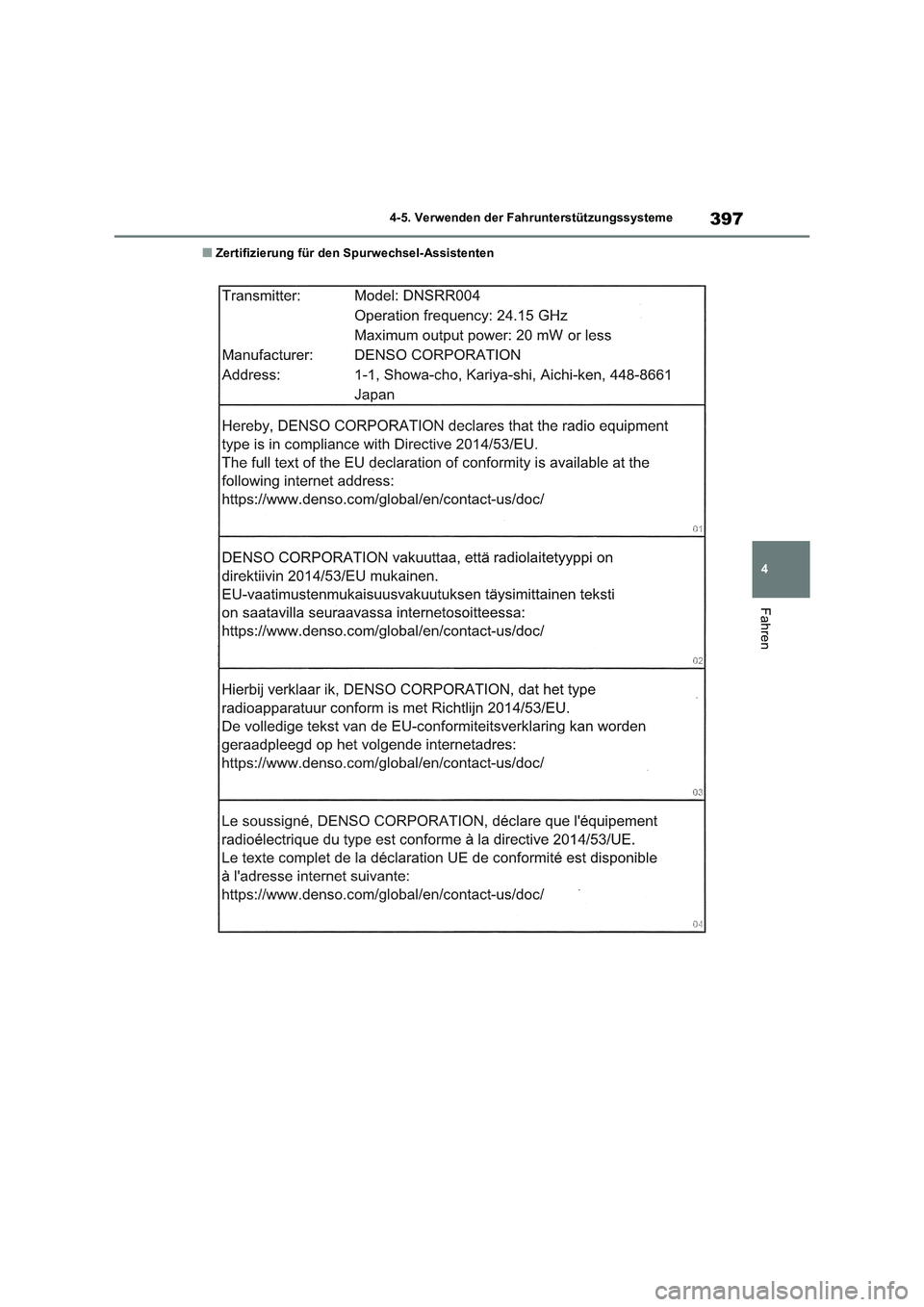 TOYOTA RAV4 2018  Betriebsanleitungen (in German) 397
4 4-5. Verwenden der Fahrunterstützungssysteme
Fahren
■Zertifizierung für den Spurwechsel-Assistenten 