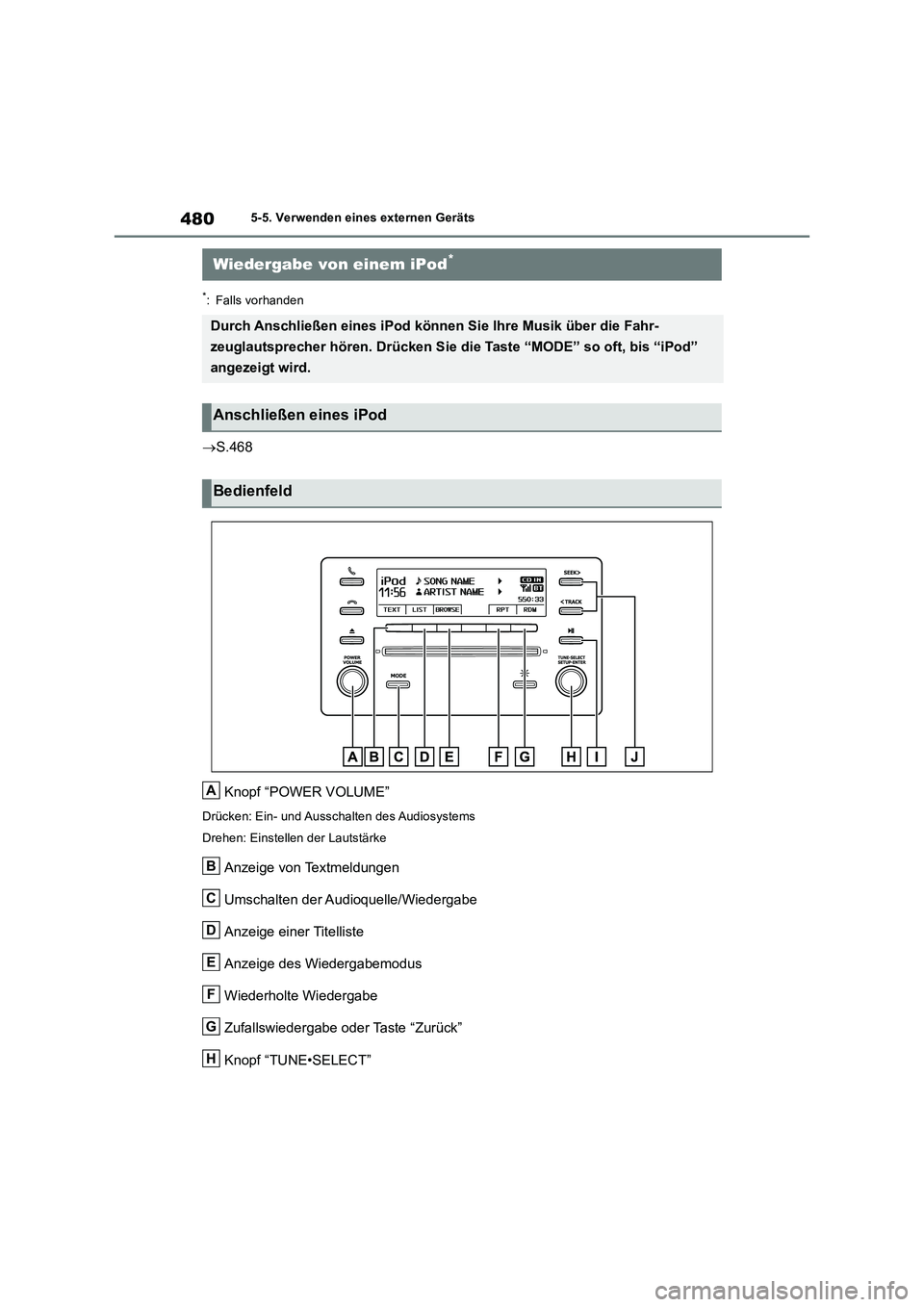 TOYOTA RAV4 2018 Betriebsanleitungen (in German) 4805-5. Verwenden eines externen Geräts
5-5.Verwende n e ine s extern en Gerä ts
*: Falls vorhanden
S.468
Knopf “POWER VOLUME”
Drücken: Ein- und Ausschalten des Audiosystems
Drehen: Einstell TOYOTA RAV4 2018 Betriebsanleitungen (in German) 4805-5. Verwenden eines externen Geräts
5-5.Verwende n e ine s extern en Gerä ts
*: Falls vorhanden
S.468
Knopf “POWER VOLUME”
Drücken: Ein- und Ausschalten des Audiosystems
Drehen: Einstell
