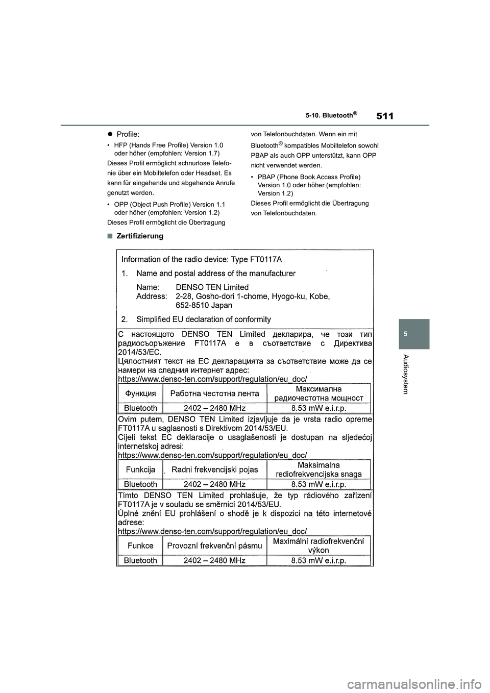 TOYOTA RAV4 2018 Betriebsanleitungen (in German) 511
5 5-10. Bluetooth
®
Audiosystem
Profile:
• HFP (Hands Free Profile) Version 1.0
oder höher (empfohlen: Version 1.7)
Dieses Profil ermöglicht schnurlose Telefo-
nie über ein Mobiltelefon TOYOTA RAV4 2018 Betriebsanleitungen (in German) 511
5 5-10. Bluetooth
®
Audiosystem
Profile:
• HFP (Hands Free Profile) Version 1.0
oder höher (empfohlen: Version 1.7)
Dieses Profil ermöglicht schnurlose Telefo-
nie über ein Mobiltelefon
