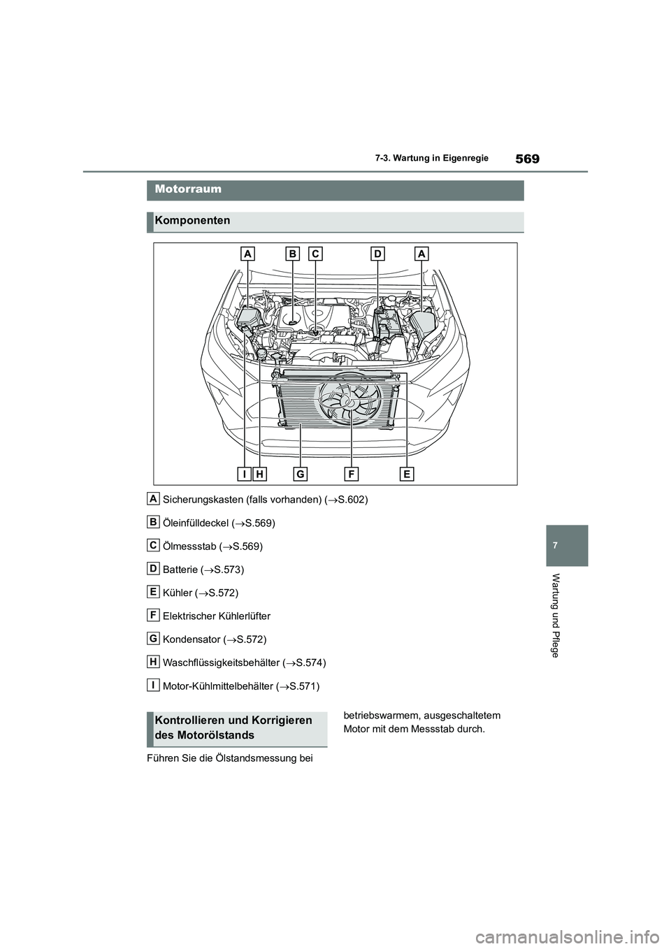 TOYOTA RAV4 2018 Betriebsanleitungen (in German) 569
7 7-3. Wartung in Eigenregie
Wartung und Pflege
Sicherungskasten (falls vorhanden) (S.602)
Öleinfülldeckel (S.569)
Ölmessstab (S.569)
Batterie (S.573)
Kühler (S.572)
Elektrische TOYOTA RAV4 2018 Betriebsanleitungen (in German) 569
7 7-3. Wartung in Eigenregie
Wartung und Pflege
Sicherungskasten (falls vorhanden) (S.602)
Öleinfülldeckel (S.569)
Ölmessstab (S.569)
Batterie (S.573)
Kühler (S.572)
Elektrische