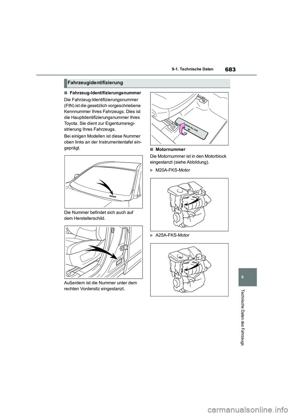 TOYOTA RAV4 2018 Betriebsanleitungen (in German) 683
9
9-1. Technische Daten
Technische Daten des Fahrzeugs
■Fahrzeug-Identifizierungsnummer
Die Fahrzeug-Identifizierungsnummer
(FIN) ist die gesetzlich vorgeschriebene
Kennnummer Ihres Fahrzeu TOYOTA RAV4 2018 Betriebsanleitungen (in German) 683
9
9-1. Technische Daten
Technische Daten des Fahrzeugs
■Fahrzeug-Identifizierungsnummer
Die Fahrzeug-Identifizierungsnummer
(FIN) ist die gesetzlich vorgeschriebene
Kennnummer Ihres Fahrzeu