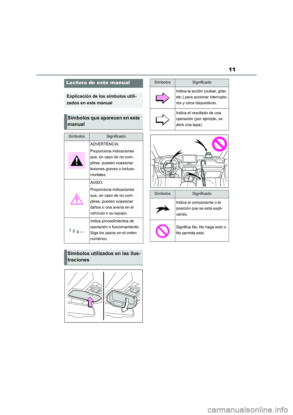 TOYOTA RAV4 2018 Manual del propietario (in Spanish) 11
Lectura de este manual
Explicación de los símbolos utili-
zados en este manual
Símbolos que aparecen en este
manual
SímbolosSignificado
ADVERTENCIA:
Proporciona indicaciones
que, en caso de n TOYOTA RAV4 2018 Manual del propietario (in Spanish) 11
Lectura de este manual
Explicación de los símbolos utili-
zados en este manual
Símbolos que aparecen en este
manual
SímbolosSignificado
ADVERTENCIA:
Proporciona indicaciones
que, en caso de n