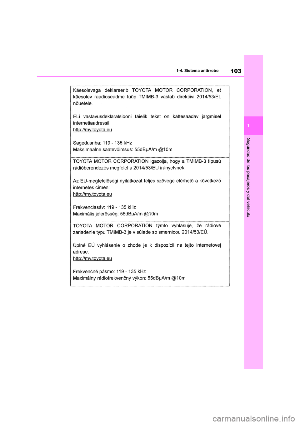 TOYOTA RAV4 2018 Manual del propietario (in Spanish) 103
1
1-4. Sistema antirrobo
Seguridad de los pasajeros y del vehículo TOYOTA RAV4 2018 Manual del propietario (in Spanish) 103
1
1-4. Sistema antirrobo
Seguridad de los pasajeros y del vehículo