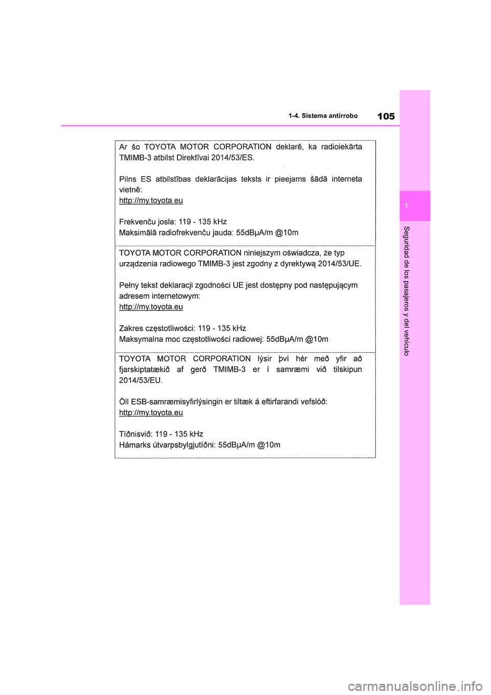 TOYOTA RAV4 2018 Manual del propietario (in Spanish) 105
1
1-4. Sistema antirrobo
Seguridad de los pasajeros y del vehículo TOYOTA RAV4 2018 Manual del propietario (in Spanish) 105
1
1-4. Sistema antirrobo
Seguridad de los pasajeros y del vehículo