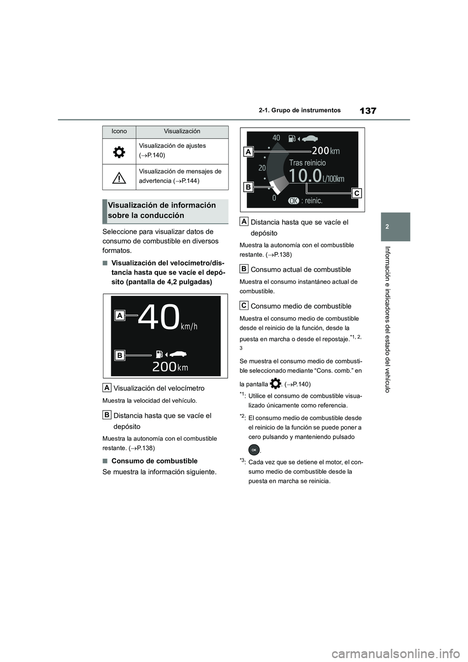 TOYOTA RAV4 2018  Manual del propietario (in Spanish) 137
2 2-1. Grupo de instrumentos
Información e indicadores del estado del vehículo
Seleccione para visualizar datos de 
consumo de combustible en diversos 
formatos.
■Visualización del velocímet
