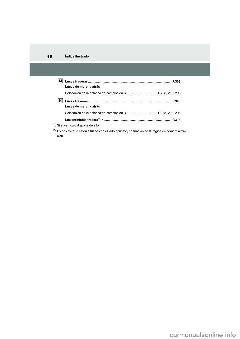 TOYOTA RAV4 2018 Manual del propietario (in Spanish) 16Índice ilustrado
Luces traseras ..............................................................................................P.308
Luces de marcha atrás
Colocación de la palanca de cambios en R TOYOTA RAV4 2018 Manual del propietario (in Spanish) 16Índice ilustrado
Luces traseras ..............................................................................................P.308
Luces de marcha atrás
Colocación de la palanca de cambios en R