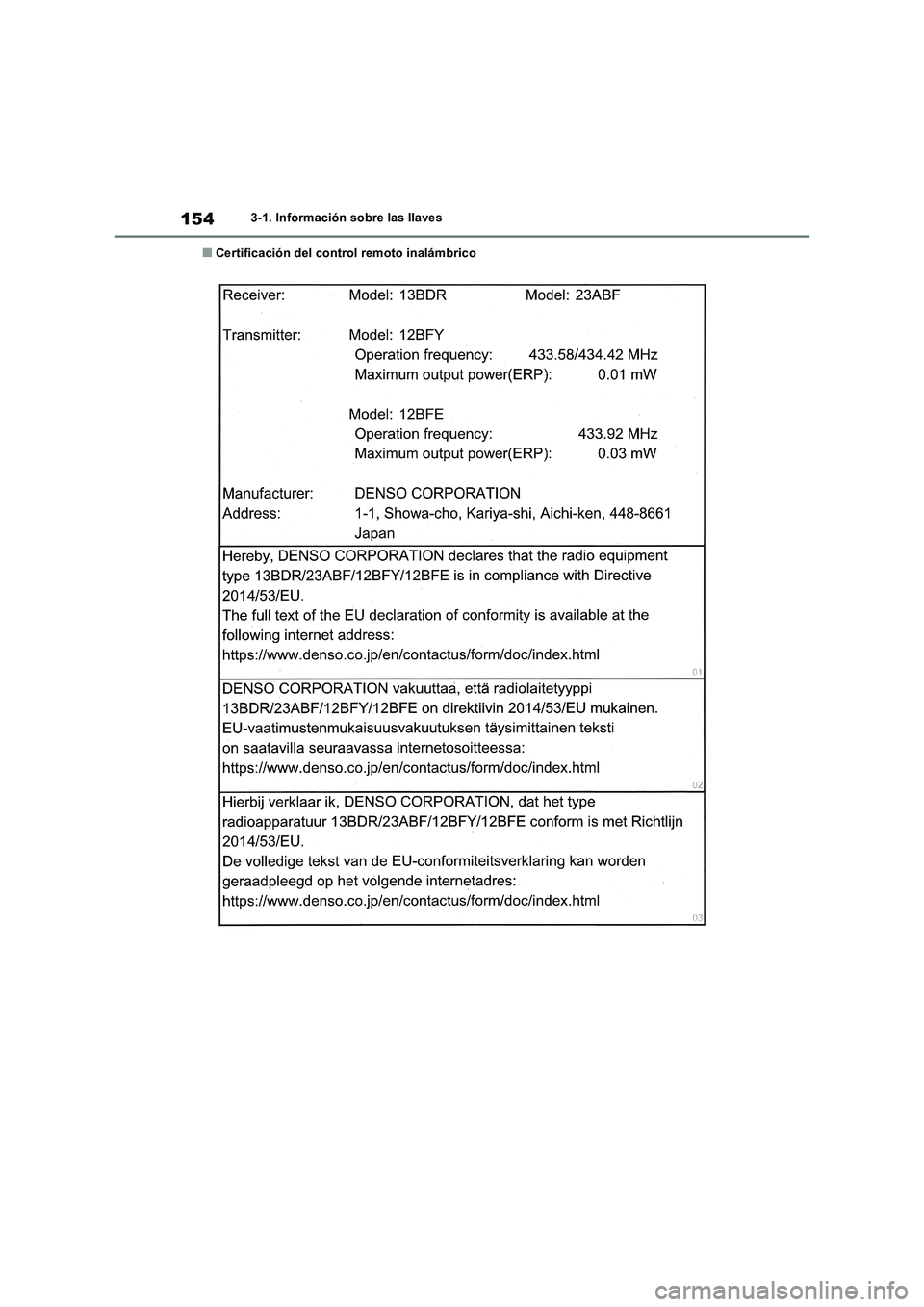 TOYOTA RAV4 2018  Manual del propietario (in Spanish) 1543-1. Información sobre las llaves
■Certificación del control remoto inalámbrico 
