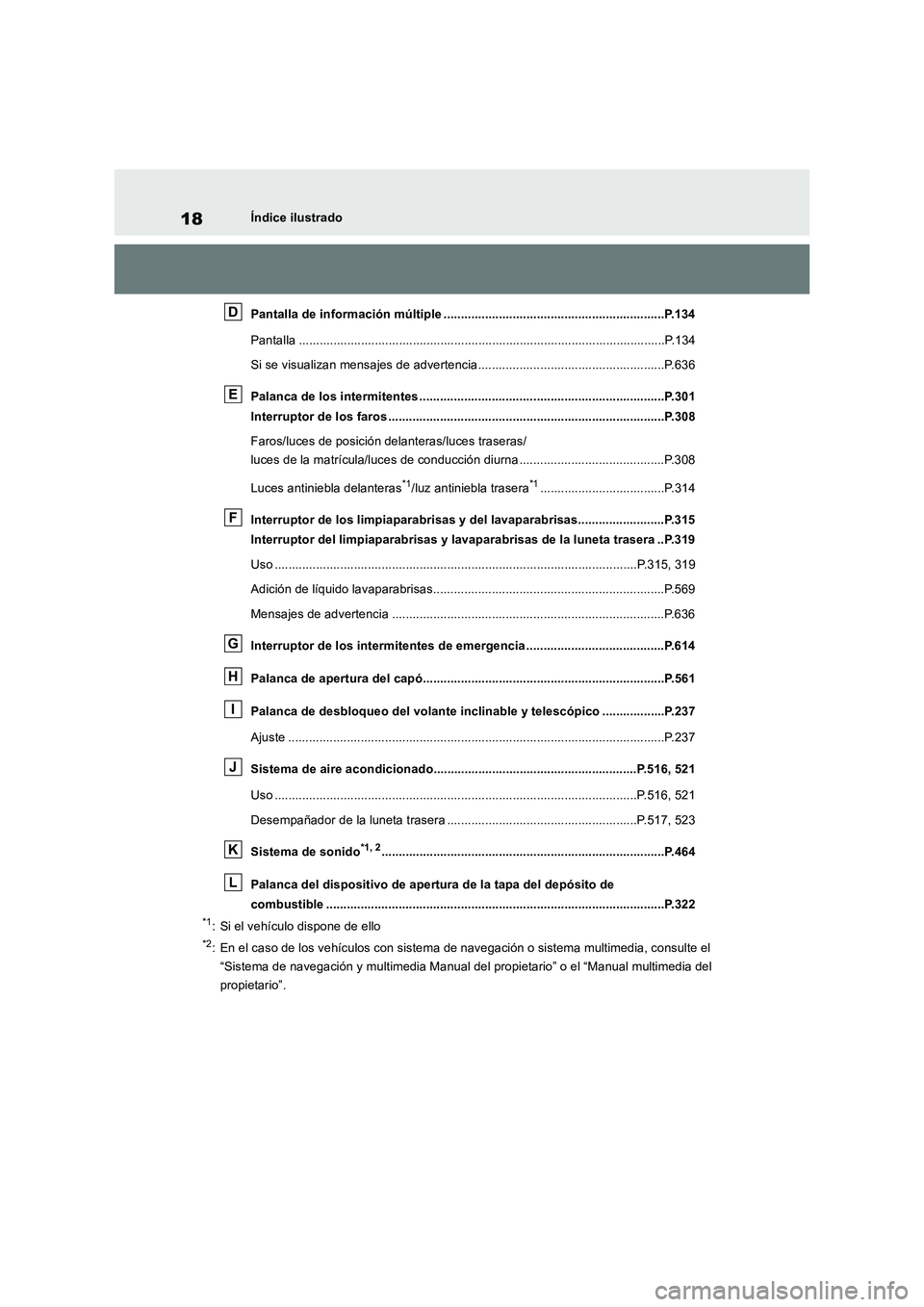 TOYOTA RAV4 2018 Manual del propietario (in Spanish) 18Índice ilustrado
Pantalla de información múltiple ................................................................P.134
Pantalla .................................................................. TOYOTA RAV4 2018 Manual del propietario (in Spanish) 18Índice ilustrado
Pantalla de información múltiple ................................................................P.134
Pantalla ..................................................................