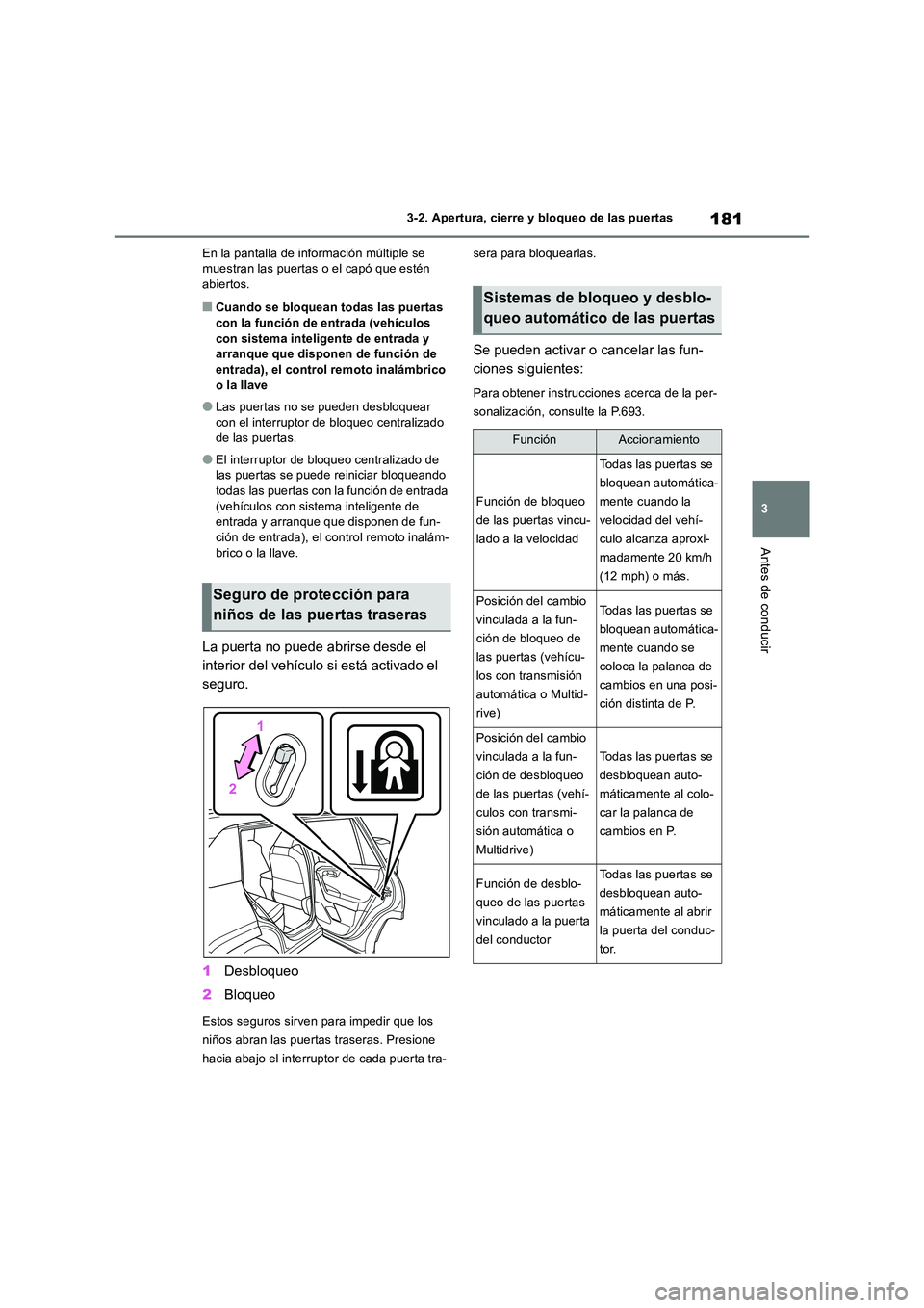 TOYOTA RAV4 2018  Manual del propietario (in Spanish) 181
3 
3-2. Apertura, cierre y bloqueo de las puertas
Antes de conducir
En la pantalla de información múltiple se  muestran las puertas o el capó que estén abiertos.
■Cuando se bloquean todas la