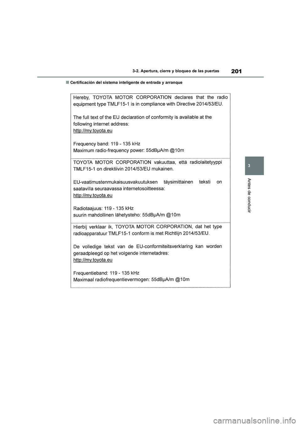 TOYOTA RAV4 2018  Manual del propietario (in Spanish) 201
3 3-2. Apertura, cierre y bloqueo de las puertas
Antes de conducir
■Certificación del sistema inteligente de entrada y arranque 
