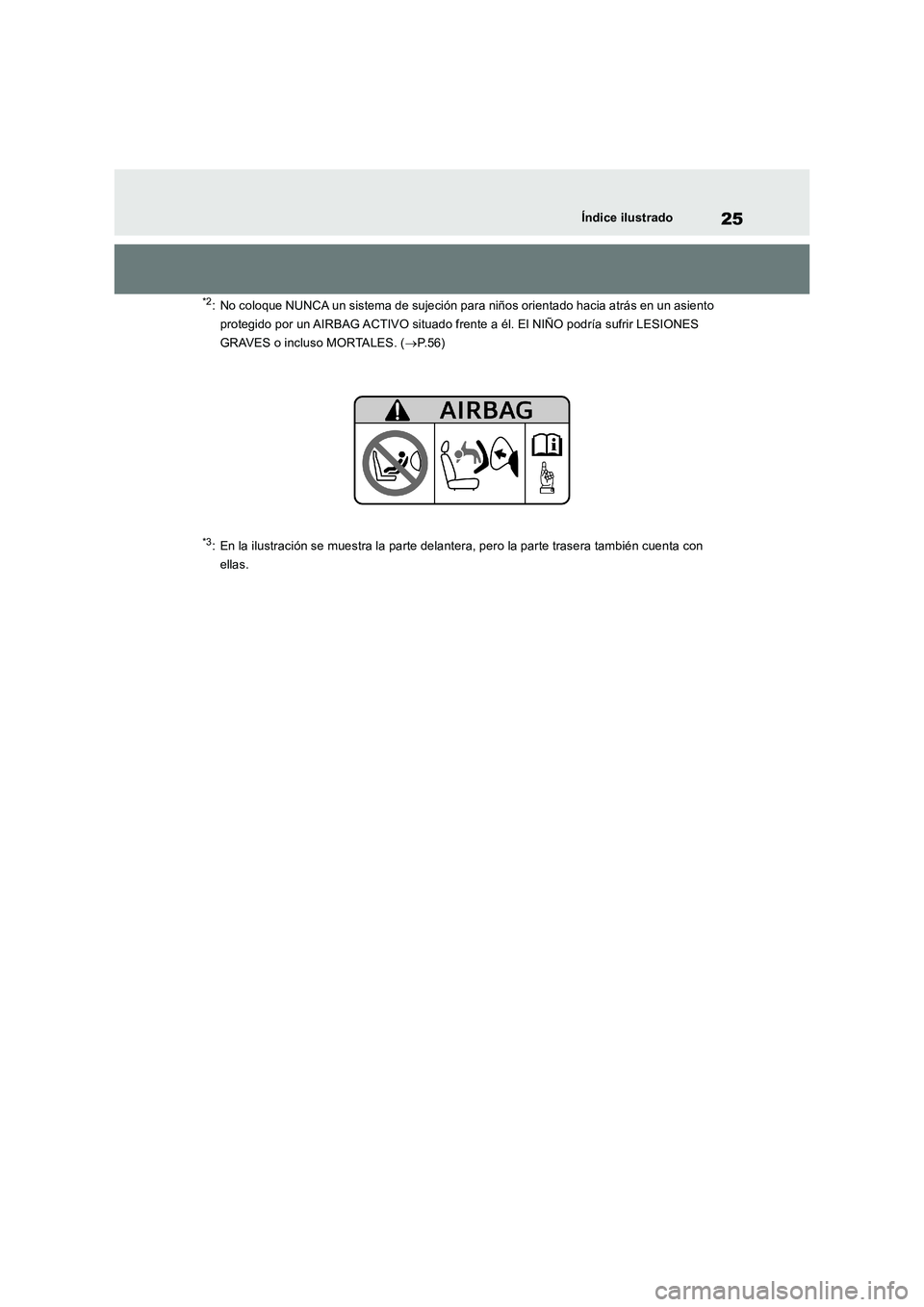 TOYOTA RAV4 2018  Manual del propietario (in Spanish) 25Índice ilustrado
*2: No coloque NUNCA un sistema de sujeción para niños orientado hacia atrás en un asiento 
protegido por un AIRBAG ACTIVO situado frente a él. El NIÑO podría sufrir LESIONES