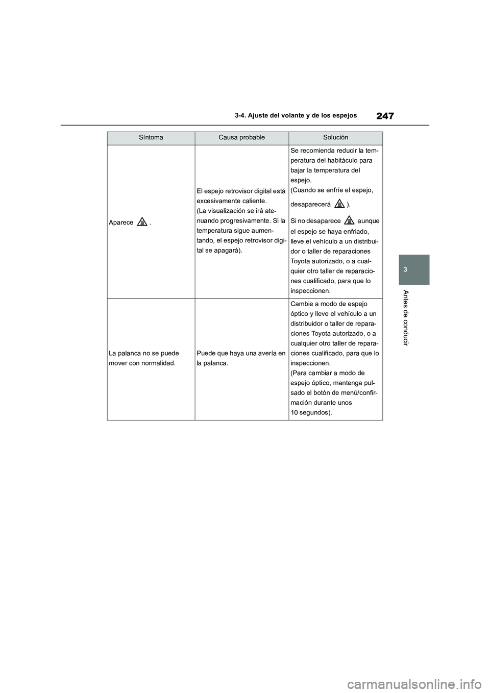 TOYOTA RAV4 2018  Manual del propietario (in Spanish) 247
3 3-4. Ajuste del volante y de los espejos
Antes de conducir
Aparece .
El espejo retrovisor digital está 
excesivamente caliente.
(La visualización se irá ate-
nuando progresivamente. Si la 
te