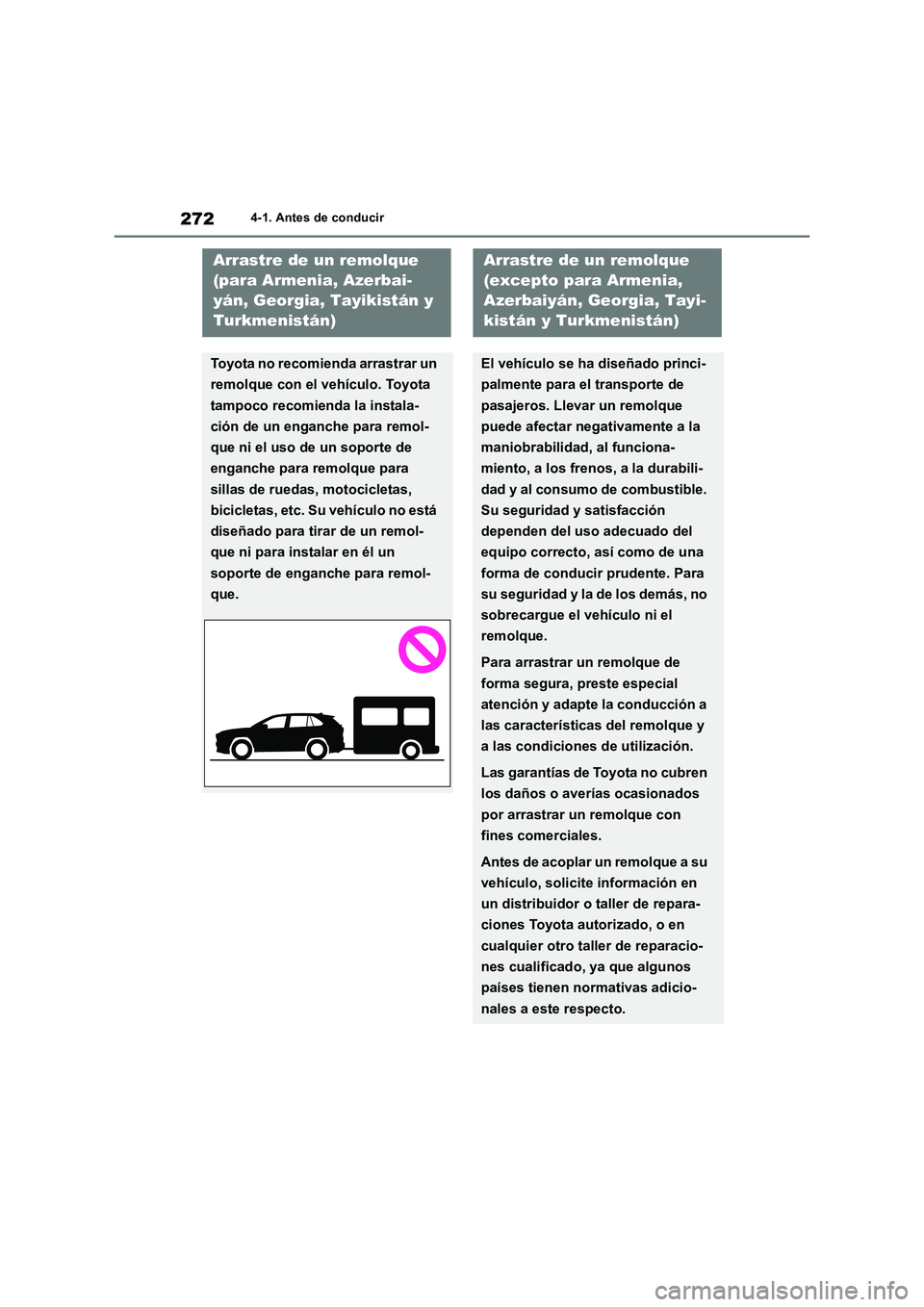 TOYOTA RAV4 2018  Manual del propietario (in Spanish) 2724-1. Antes de conducir
Arrastre de un remolque 
(para Armenia, Azerbai-
yán, Georgia, Tayikistán y 
Turkmenistán)
Toyota no recomienda arrastrar un 
remolque con el vehículo. Toyota 
tampoco re