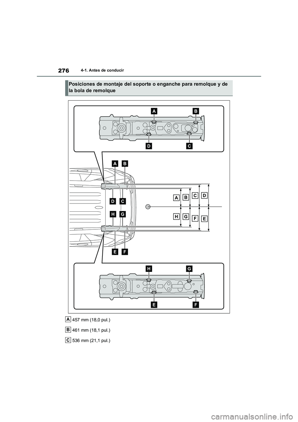 TOYOTA RAV4 2018  Manual del propietario (in Spanish) 2764-1. Antes de conducir
457 mm (18,0 pul.)
461 mm (18,1 pul.)
536 mm (21,1 pul.)
Posiciones de montaje del soporte o enganche para remolque y de 
la bola de remolque
A
B
C 