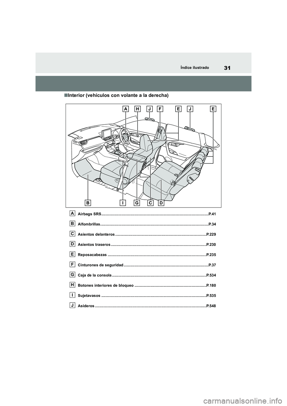 TOYOTA RAV4 2018 Manual del propietario (in Spanish) 31Índice ilustrado
■Interior (vehículos con volante a la derecha)
Airbags SRS....................................................................................................P.41
Alfombrillas.. TOYOTA RAV4 2018 Manual del propietario (in Spanish) 31Índice ilustrado
■Interior (vehículos con volante a la derecha)
Airbags SRS....................................................................................................P.41
Alfombrillas..