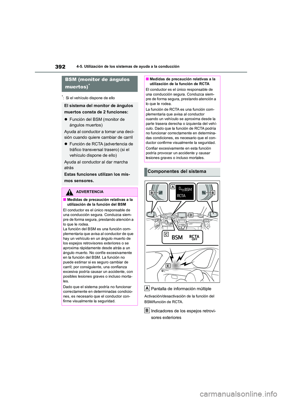 TOYOTA RAV4 2018 Manual del propietario (in Spanish) 3924-5. Utilización de los sistemas de ayuda a la conducción
*: Si el vehículo dispone de ello
Pantalla de información múltiple
Activación/desactivación de la función del
BSM/función de RCT TOYOTA RAV4 2018 Manual del propietario (in Spanish) 3924-5. Utilización de los sistemas de ayuda a la conducción
*: Si el vehículo dispone de ello
Pantalla de información múltiple
Activación/desactivación de la función del
BSM/función de RCT