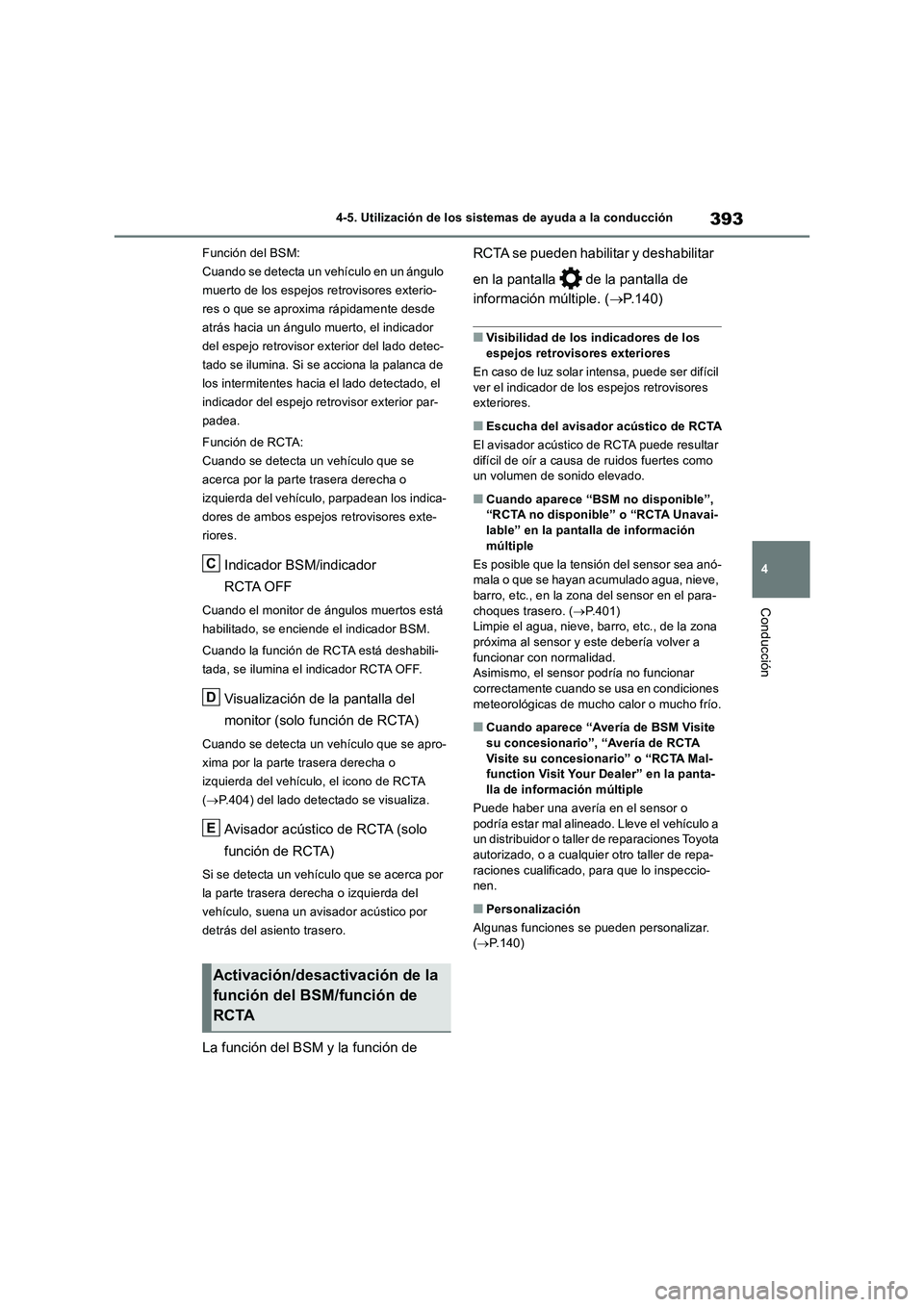 TOYOTA RAV4 2018 Manual del propietario (in Spanish) 393
4 4-5. Utilización de los sistemas de ayuda a la conducción
Conducción
Función del BSM:
Cuando se detecta un vehículo en un ángulo
muerto de los espejos retrovisores exterio-
res o que se a TOYOTA RAV4 2018 Manual del propietario (in Spanish) 393
4 4-5. Utilización de los sistemas de ayuda a la conducción
Conducción
Función del BSM:
Cuando se detecta un vehículo en un ángulo
muerto de los espejos retrovisores exterio-
res o que se a