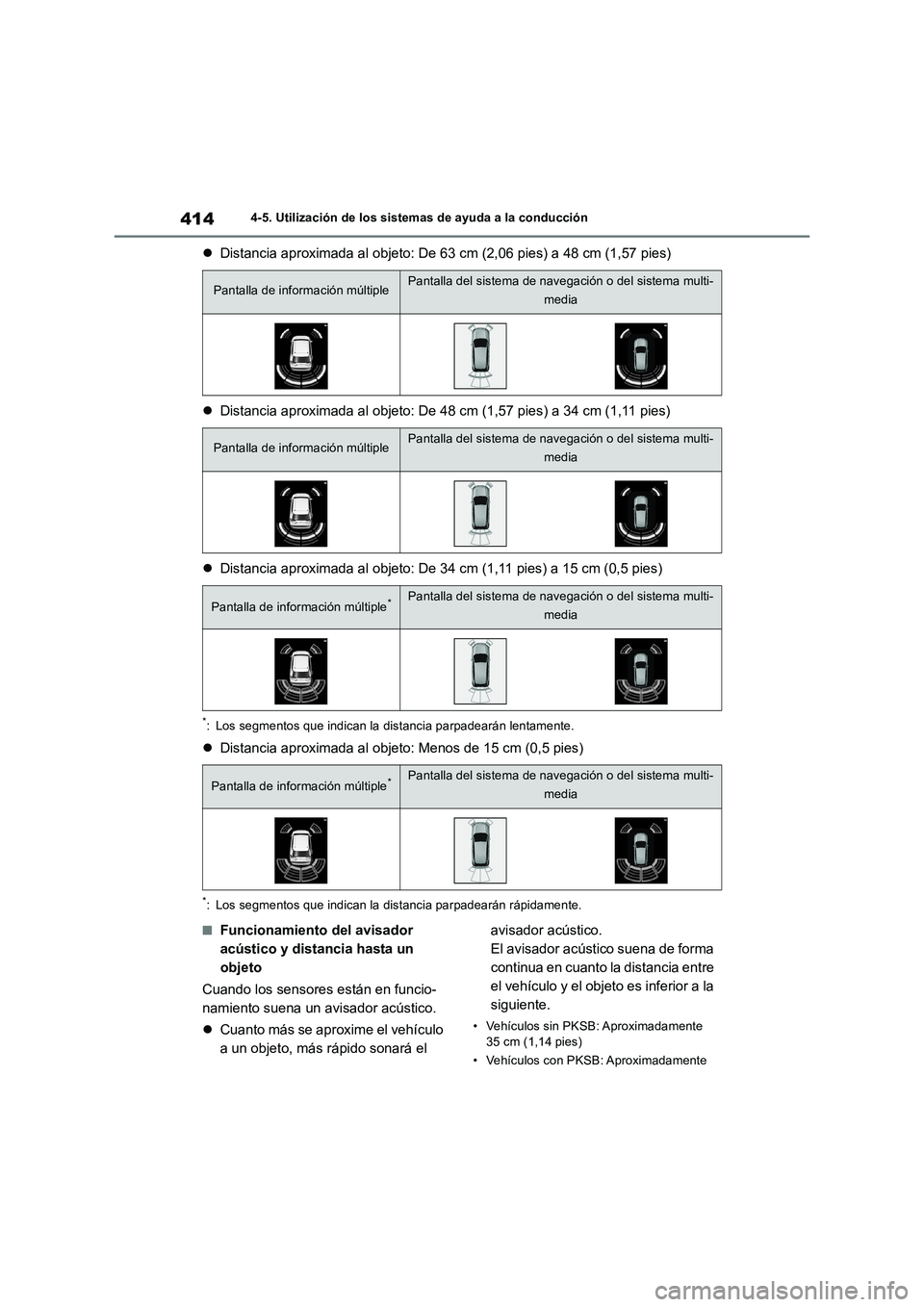 TOYOTA RAV4 2018 Manual del propietario (in Spanish) 4144-5. Utilización de los sistemas de ayuda a la conducción
Distancia aproximada al objeto: De 63 cm (2,06 pies) a 48 cm (1,57 pies)
Distancia aproximada al objeto: De 48 cm (1,57 pies) a 34 TOYOTA RAV4 2018 Manual del propietario (in Spanish) 4144-5. Utilización de los sistemas de ayuda a la conducción
Distancia aproximada al objeto: De 63 cm (2,06 pies) a 48 cm (1,57 pies)
Distancia aproximada al objeto: De 48 cm (1,57 pies) a 34