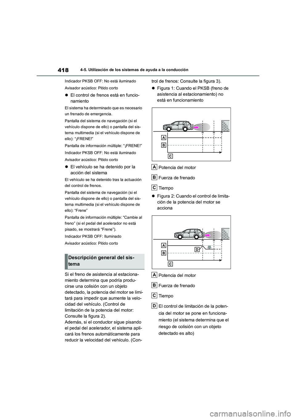 TOYOTA RAV4 2018 Manual del propietario (in Spanish) 4184-5. Utilización de los sistemas de ayuda a la conducción
Indicador PKSB OFF: No está iluminado
Avisador acústico: Pitido corto
El control de frenos está en funcio-
namiento
El sistema ha d TOYOTA RAV4 2018 Manual del propietario (in Spanish) 4184-5. Utilización de los sistemas de ayuda a la conducción
Indicador PKSB OFF: No está iluminado
Avisador acústico: Pitido corto
El control de frenos está en funcio-
namiento
El sistema ha d