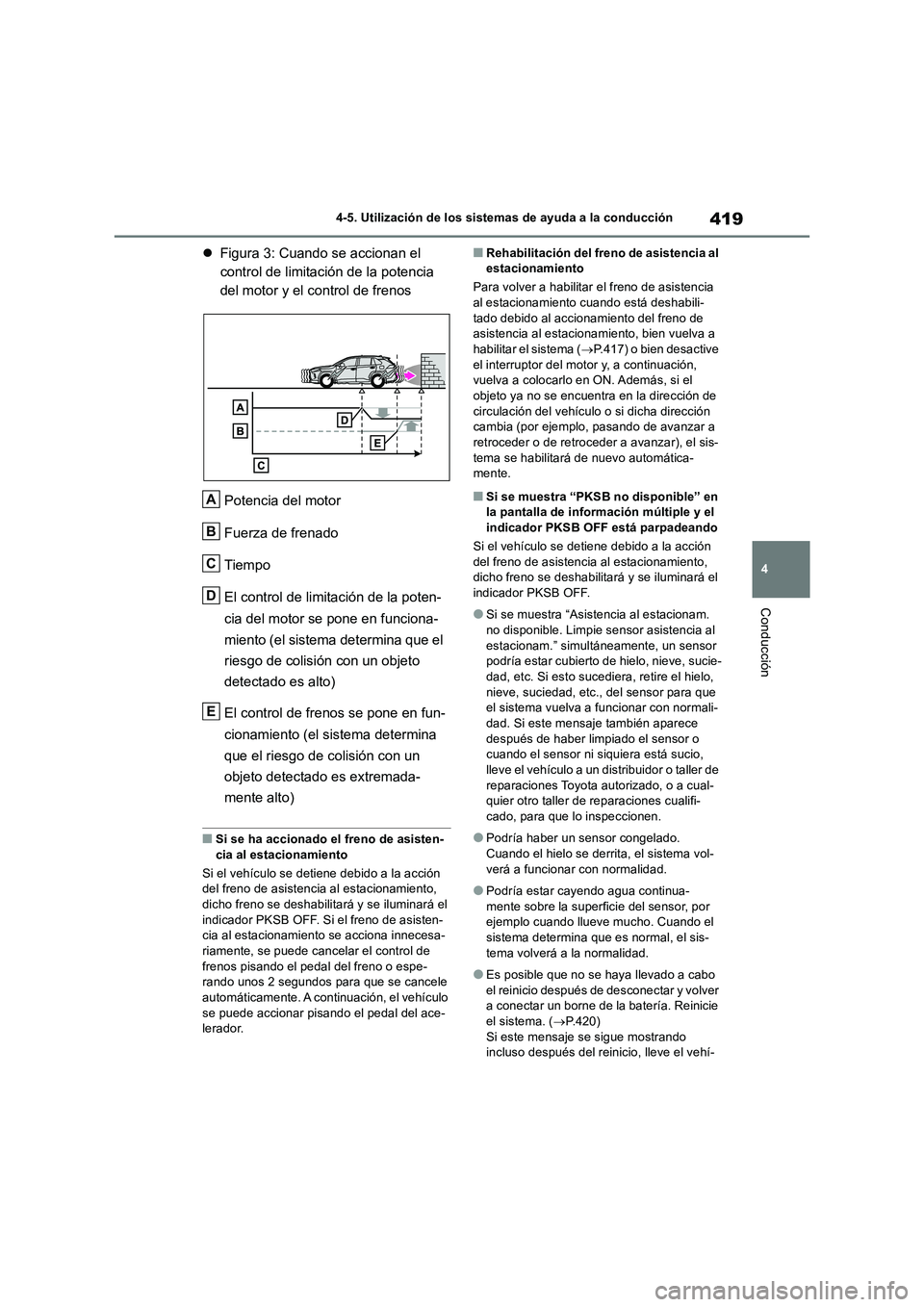 TOYOTA RAV4 2018 Manual del propietario (in Spanish) 419
4 4-5. Utilización de los sistemas de ayuda a la conducción
Conducción
Figura 3: Cuando se accionan el
control de limitación de la potencia
del motor y el control de frenos
Potencia del m TOYOTA RAV4 2018 Manual del propietario (in Spanish) 419
4 4-5. Utilización de los sistemas de ayuda a la conducción
Conducción
Figura 3: Cuando se accionan el
control de limitación de la potencia
del motor y el control de frenos
Potencia del m