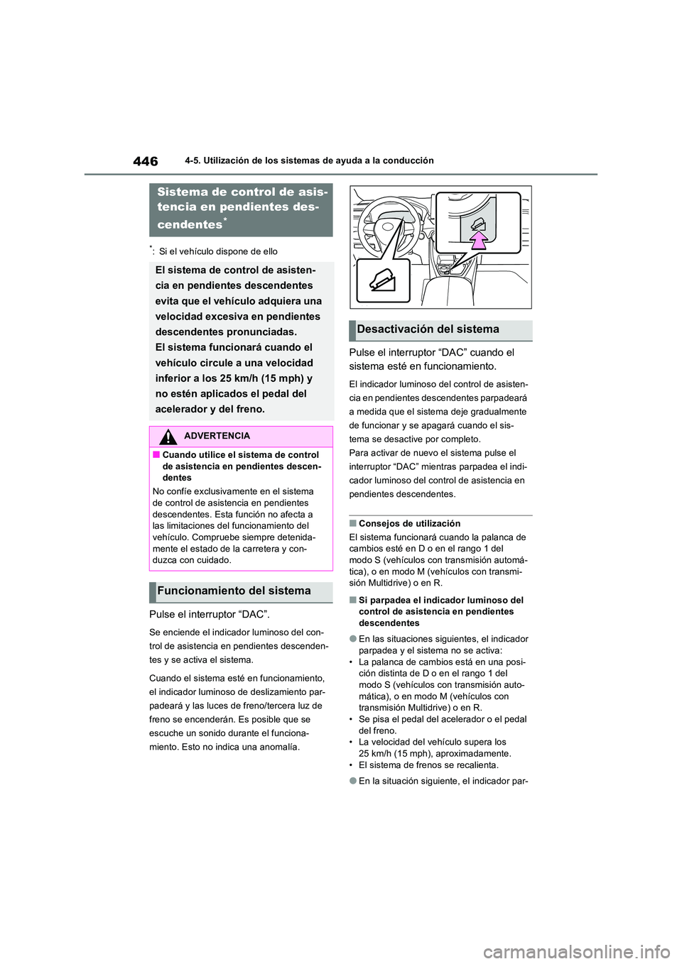 TOYOTA RAV4 2018 Manual del propietario (in Spanish) 4464-5. Utilización de los sistemas de ayuda a la conducción
*: Si el vehículo dispone de ello
Pulse el interruptor “DAC”.
Se enciende el indicador luminoso del con-
trol de asistencia en pend TOYOTA RAV4 2018 Manual del propietario (in Spanish) 4464-5. Utilización de los sistemas de ayuda a la conducción
*: Si el vehículo dispone de ello
Pulse el interruptor “DAC”.
Se enciende el indicador luminoso del con-
trol de asistencia en pend