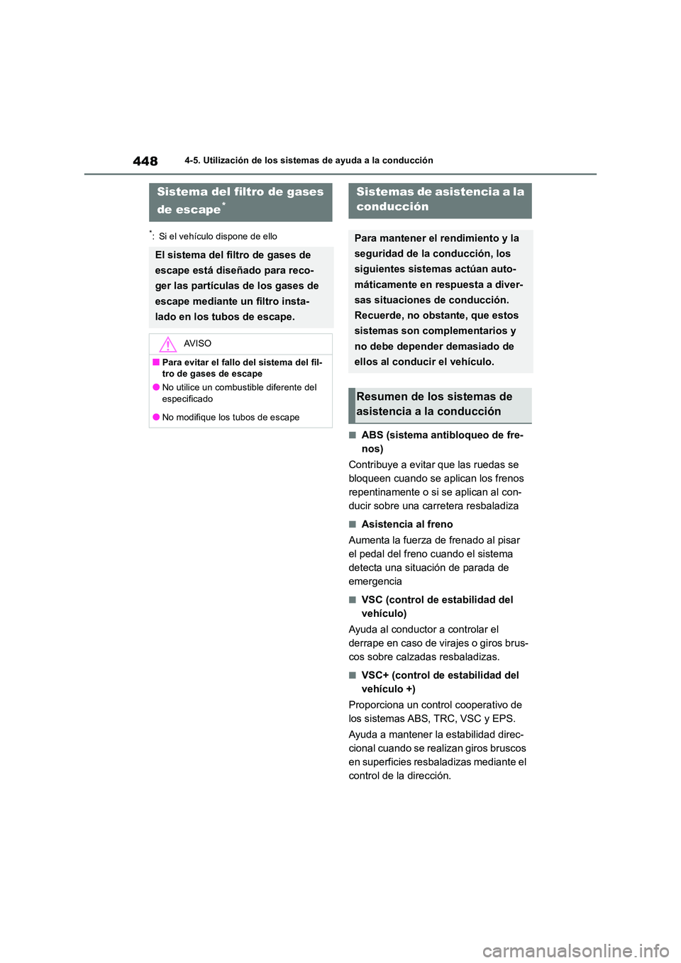 TOYOTA RAV4 2018 Manual del propietario (in Spanish) 4484-5. Utilización de los sistemas de ayuda a la conducción
*: Si el vehículo dispone de ello
■ABS (sistema antibloqueo de fre-
nos)
Contribuye a evitar que las ruedas se
bloqueen cuando se TOYOTA RAV4 2018 Manual del propietario (in Spanish) 4484-5. Utilización de los sistemas de ayuda a la conducción
*: Si el vehículo dispone de ello
■ABS (sistema antibloqueo de fre-
nos)
Contribuye a evitar que las ruedas se
bloqueen cuando se