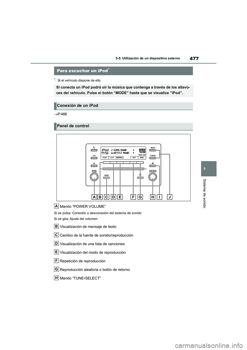 TOYOTA RAV4 2018 Manual del propietario (in Spanish) 477
5 5-5. Utilización de un dispositivo externo
Sistema de sonido
5-5.Utilización de un dispositiv o e xte rno
*: Si el vehículo dispone de ello
P. 4 6 6
Mando “POWER VOLUME”
Si se pulsa: C TOYOTA RAV4 2018 Manual del propietario (in Spanish) 477
5 5-5. Utilización de un dispositivo externo
Sistema de sonido
5-5.Utilización de un dispositiv o e xte rno
*: Si el vehículo dispone de ello
P. 4 6 6
Mando “POWER VOLUME”
Si se pulsa: C
