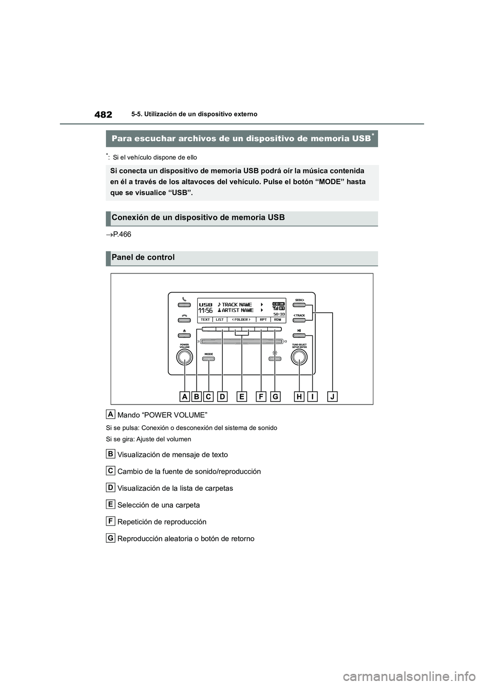 TOYOTA RAV4 2018 Manual del propietario (in Spanish) 4825-5. Utilización de un dispositivo externo
*: Si el vehículo dispone de ello
P. 4 6 6
Mando “POWER VOLUME”
Si se pulsa: Conexión o desconexión del sistema de sonido
Si se gira: Ajuste de TOYOTA RAV4 2018 Manual del propietario (in Spanish) 4825-5. Utilización de un dispositivo externo
*: Si el vehículo dispone de ello
P. 4 6 6
Mando “POWER VOLUME”
Si se pulsa: Conexión o desconexión del sistema de sonido
Si se gira: Ajuste de