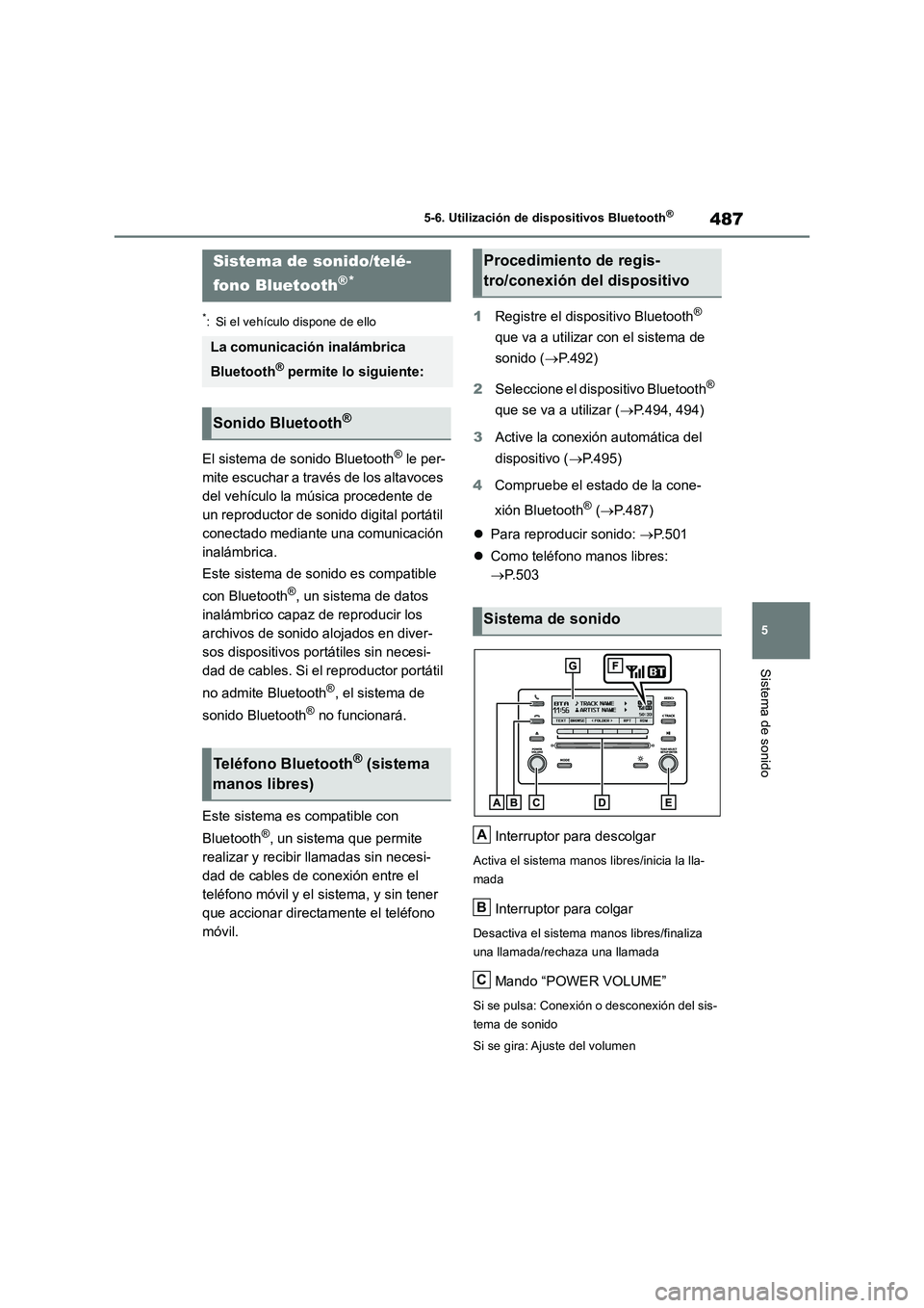 TOYOTA RAV4 2018 Manual del propietario (in Spanish) 487
5 5-6. Utilización de dispositivos Bluetooth
®
Sistema de sonido
5-6.Utilización de dispositiv os Blue too th®
*: Si el vehículo dispone de ello
El sistema de sonido Bluetooth® le per-
mite TOYOTA RAV4 2018 Manual del propietario (in Spanish) 487
5 5-6. Utilización de dispositivos Bluetooth
®
Sistema de sonido
5-6.Utilización de dispositiv os Blue too th®
*: Si el vehículo dispone de ello
El sistema de sonido Bluetooth® le per-
mite