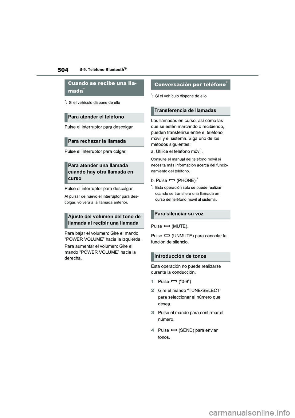 TOYOTA RAV4 2018 Manual del propietario (in Spanish) 5045-9. Teléfono Bluetooth®
*
: Si el vehículo dispone de ello
Pulse el interruptor para descolgar.
Pulse el interruptor para colgar.
Pulse el interruptor para descolgar.
Al pulsar de nuevo el inte TOYOTA RAV4 2018 Manual del propietario (in Spanish) 5045-9. Teléfono Bluetooth®
*
: Si el vehículo dispone de ello
Pulse el interruptor para descolgar.
Pulse el interruptor para colgar.
Pulse el interruptor para descolgar.
Al pulsar de nuevo el inte