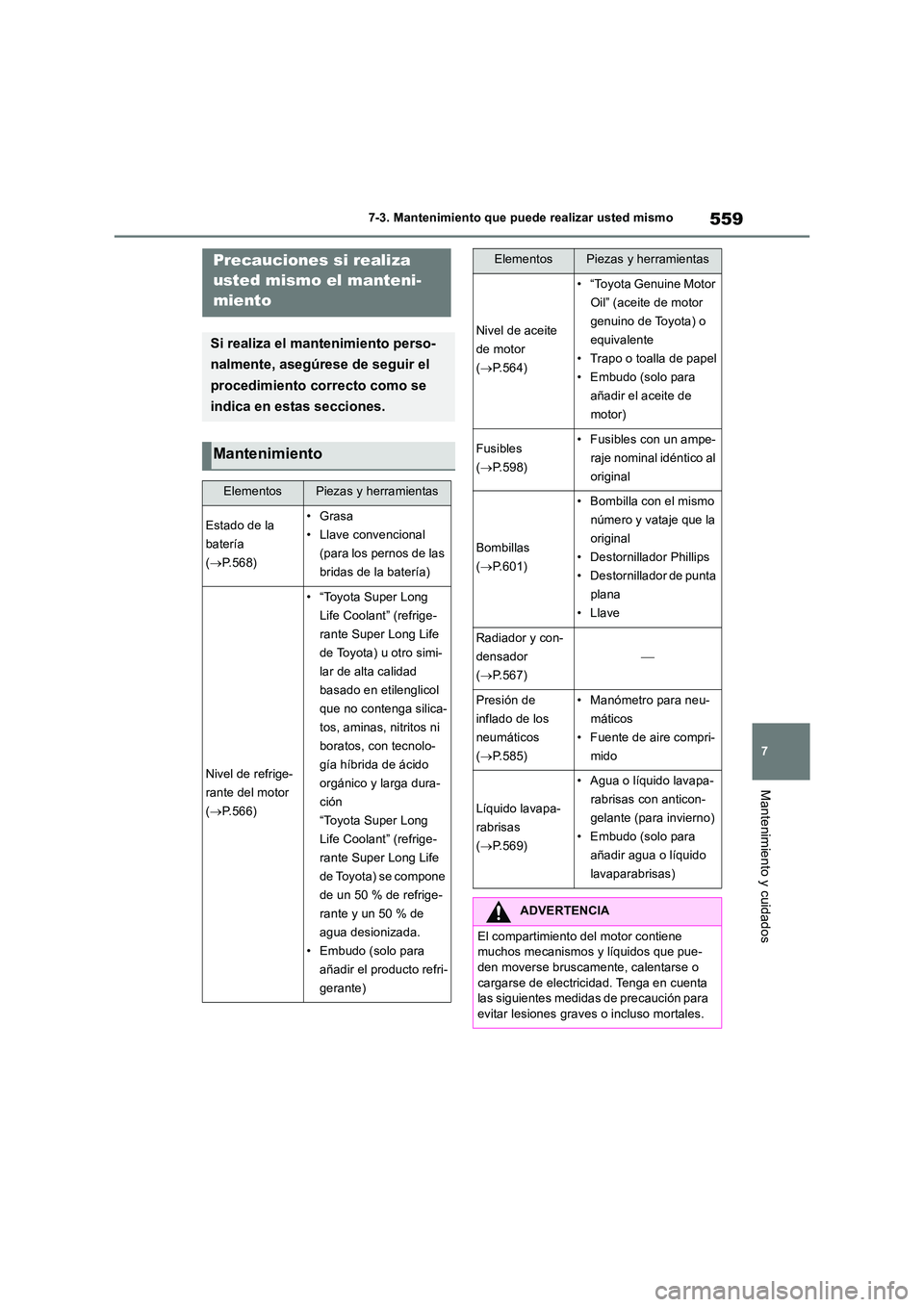 TOYOTA RAV4 2018 Manual del propietario (in Spanish) 559
7
7-3. Mantenimiento que puede realizar usted mismo
Mantenimiento y cuidados
7-3.Mantenimien to que pu ede re alizar usted mis moPrecauciones si realiza
usted mismo el manteni-
miento
Si real TOYOTA RAV4 2018 Manual del propietario (in Spanish) 559
7
7-3. Mantenimiento que puede realizar usted mismo
Mantenimiento y cuidados
7-3.Mantenimien to que pu ede re alizar usted mis moPrecauciones si realiza
usted mismo el manteni-
miento
Si real