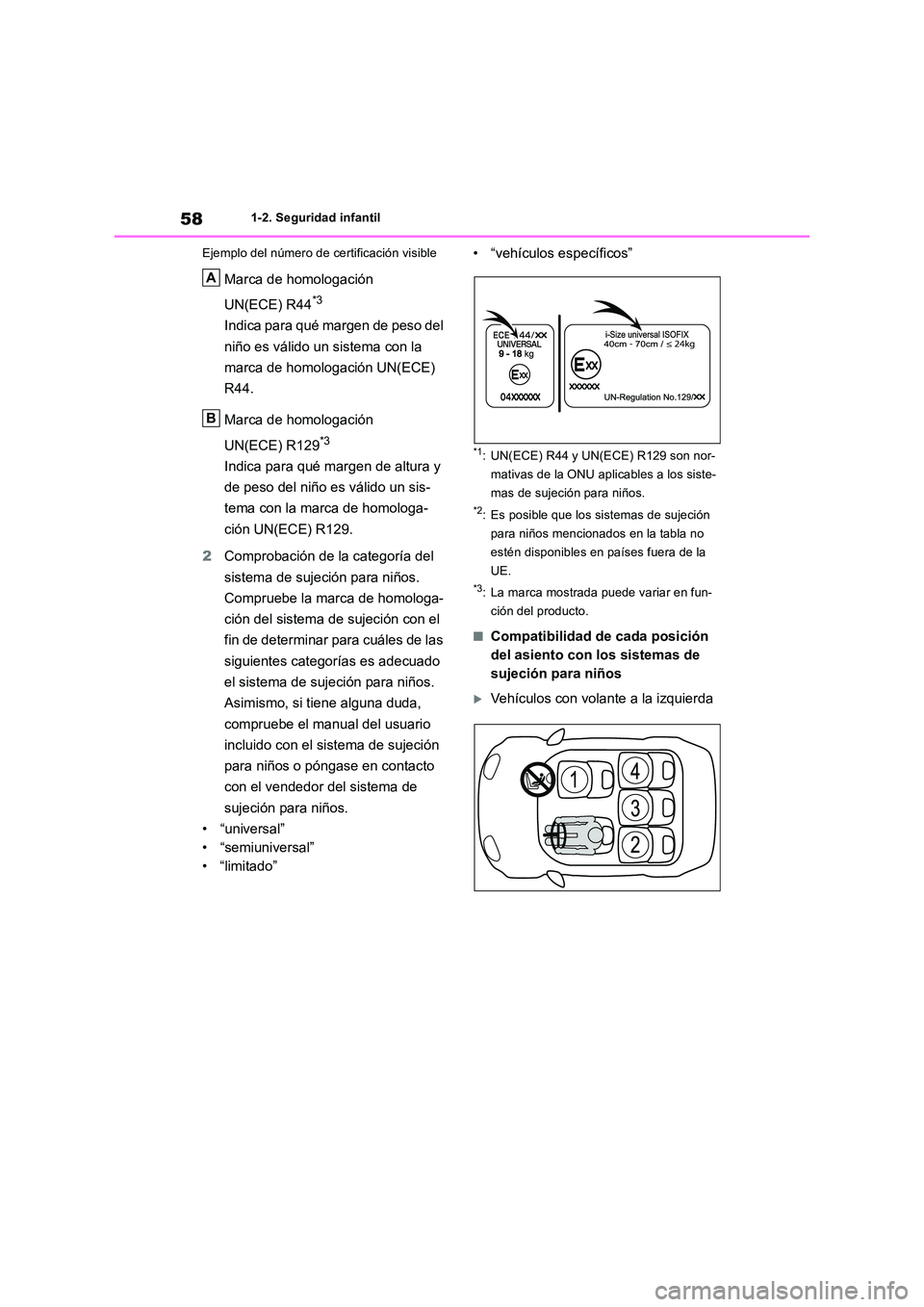 TOYOTA RAV4 2018 Manual del propietario (in Spanish) 581-2. Seguridad infantil
Ejemplo del número de certificación visible
Marca de homologación
UN(ECE) R44*3
Indica para qué margen de peso del
niño es válido un sistema con la
marca de homo TOYOTA RAV4 2018 Manual del propietario (in Spanish) 581-2. Seguridad infantil
Ejemplo del número de certificación visible
Marca de homologación
UN(ECE) R44*3
Indica para qué margen de peso del
niño es válido un sistema con la
marca de homo